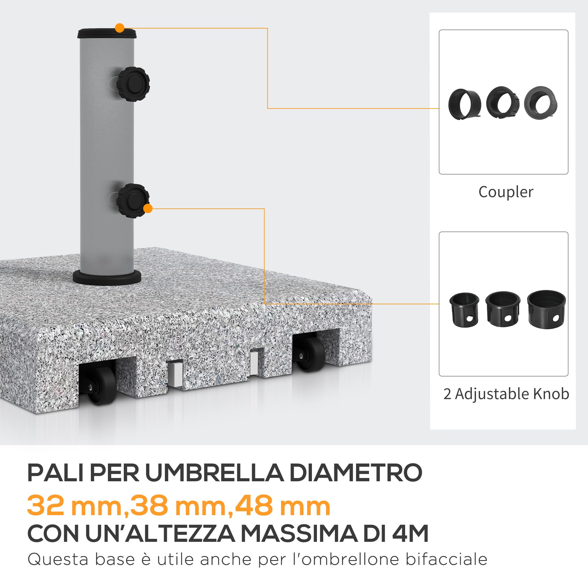 Outsunny Base per Ombrellone da Giardino in Granito, Basamento per Ombrellone da 28kg con Rotelle e Maniglia Estensibile, 41x41x37.5cm, Grigio