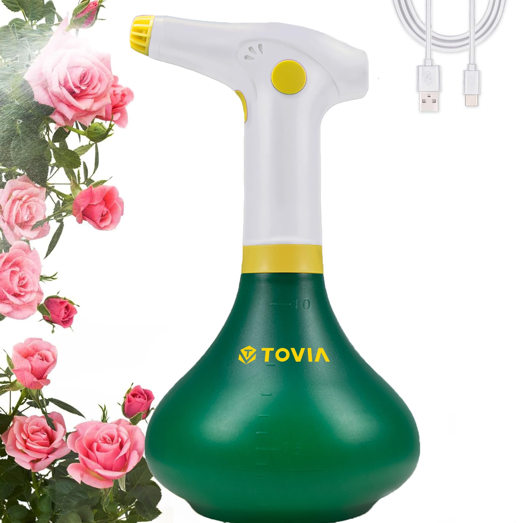 T TOVIA 1L Battery Powered Garden Sprayer, Plant Mister Spray Bottle for Indoor/Outdoor Plants, Automatic Electric Weed Sprayers for Cleaning, Gardening & Fertilizing (Green & White)