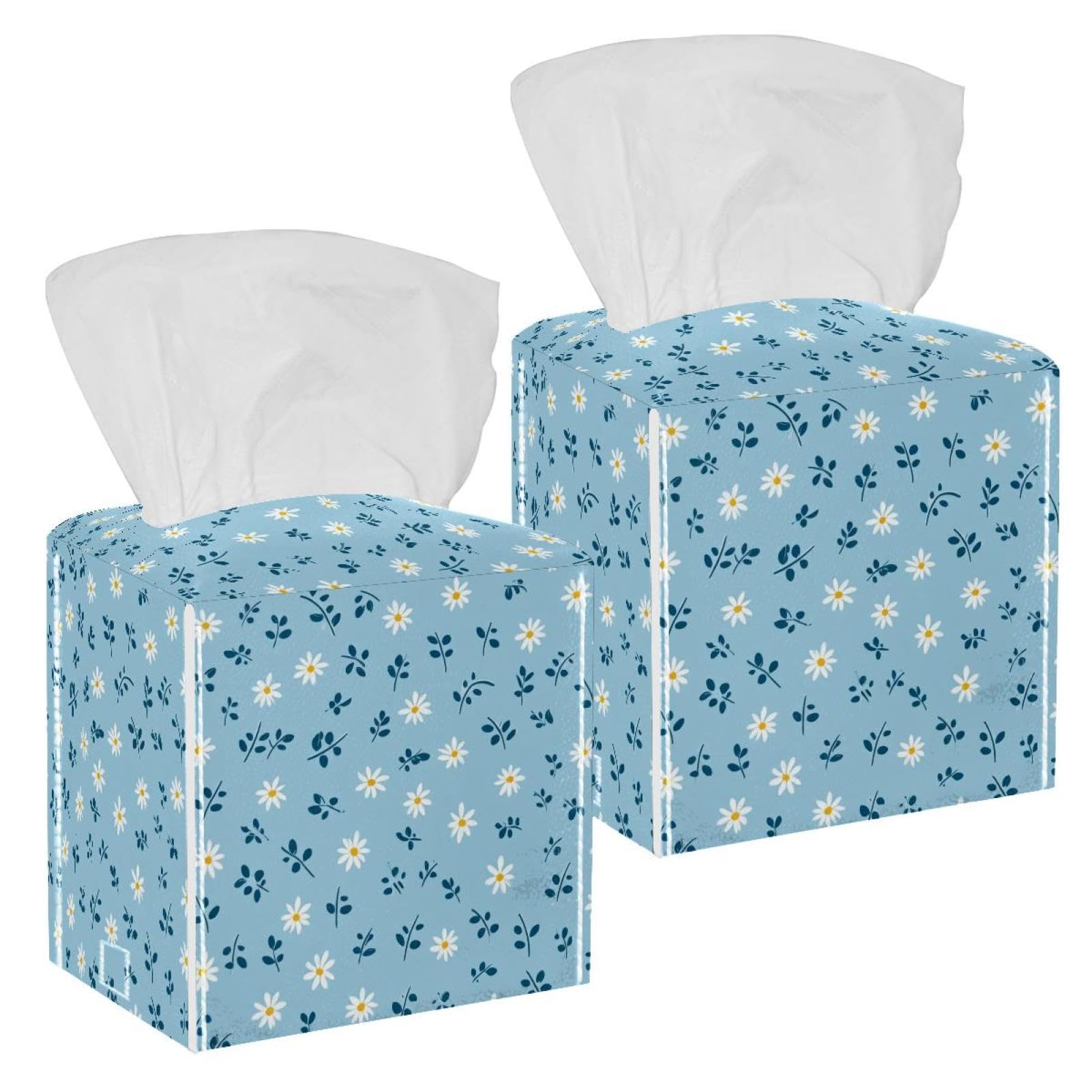 Daisy Tissue Box Cover, 2 Pack PU Leather Square Facial Tissue Dispenser Box holder for Home Office Car