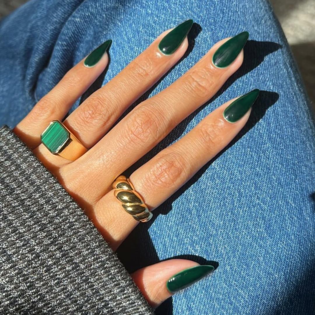 SXVME 48 Pcs Dark Green Press on Nails Almond Medium Acrylic False Nails Medium Stiletto Natural Fake Nail Set Elegant Solid Color Full Cover Glossy Gel Stick on Nails for Women Daily Wear - Image 3