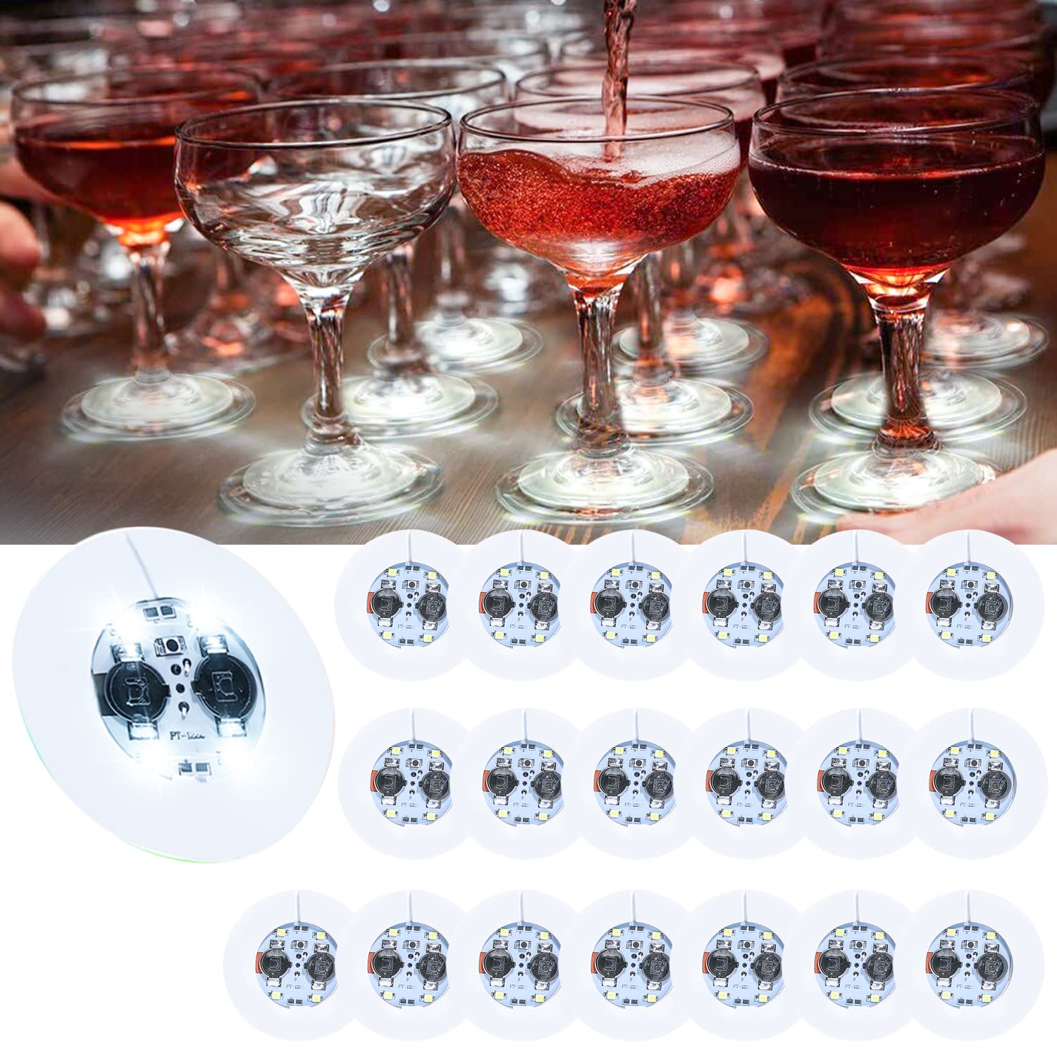 LED Coaster, OJeweJO 20 Pcs Light Up Coasters, LED Bottle Lights for Wine Liquor Bottle, LED Sticker Lights for Party, Bar, Wedding (White)