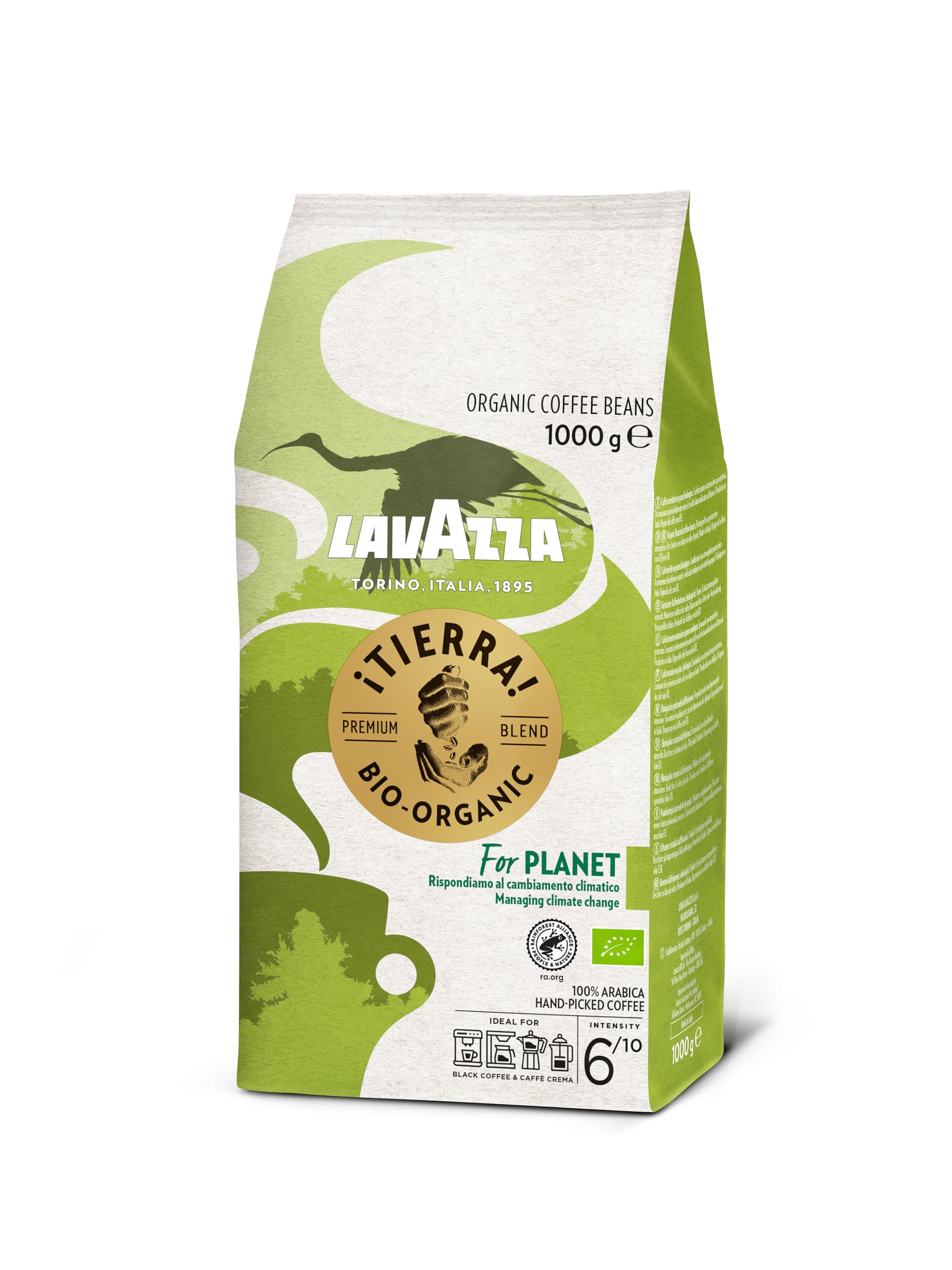 Lavazza, Tierra For Planet, 100 % Bio-Arabica Kaffeebohnen, Ideal für Espressomaschinen, Milder Geschmack, Intensität 6/10, Fruchtige & Blumige Aromen, Leichte Röstung, 1 kg Packung