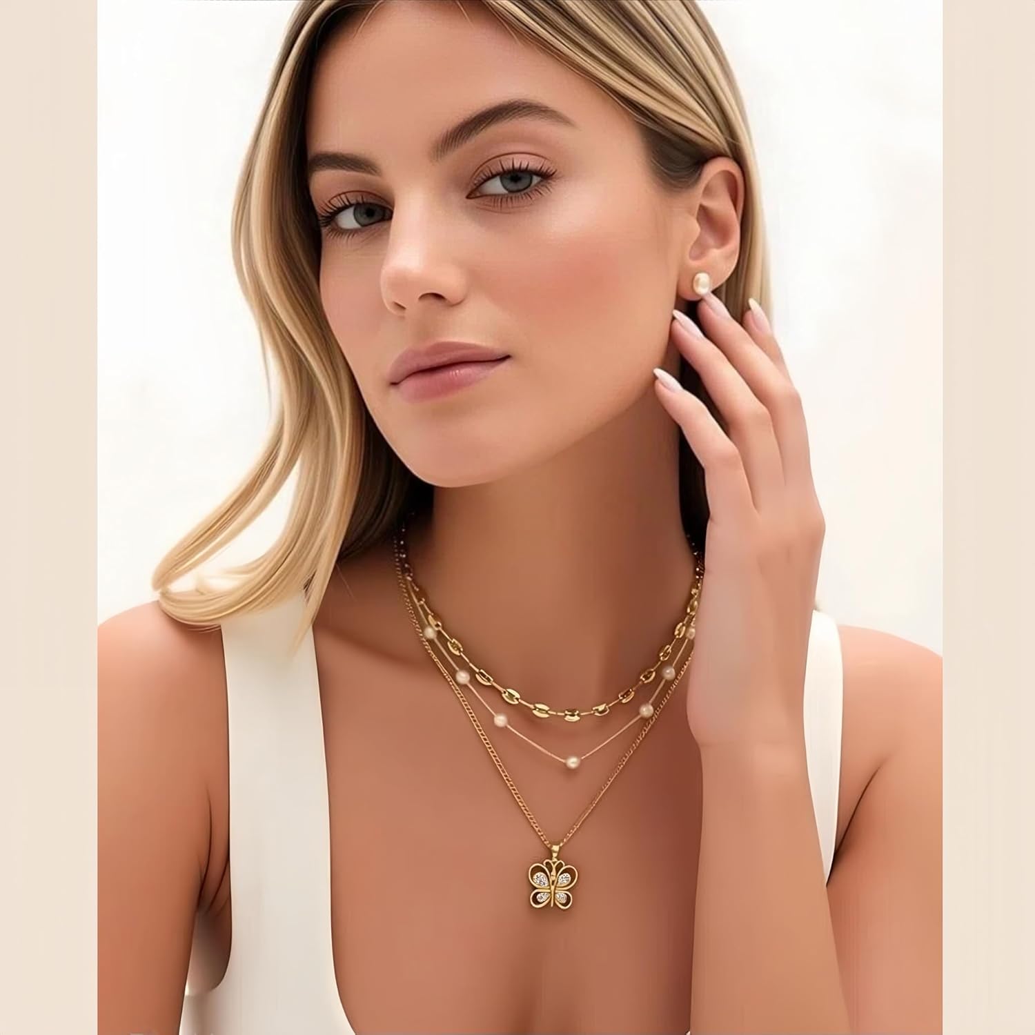 Layered Necklace for Women 18K Gold Plated Cubic Zirconia butterfly|heart Pendant Chunky Necklace Stack for Women Cuban Link，Peal Choker Chain，flat mariner chain，Gold Jewelry Set Gifts for Women - Image 2