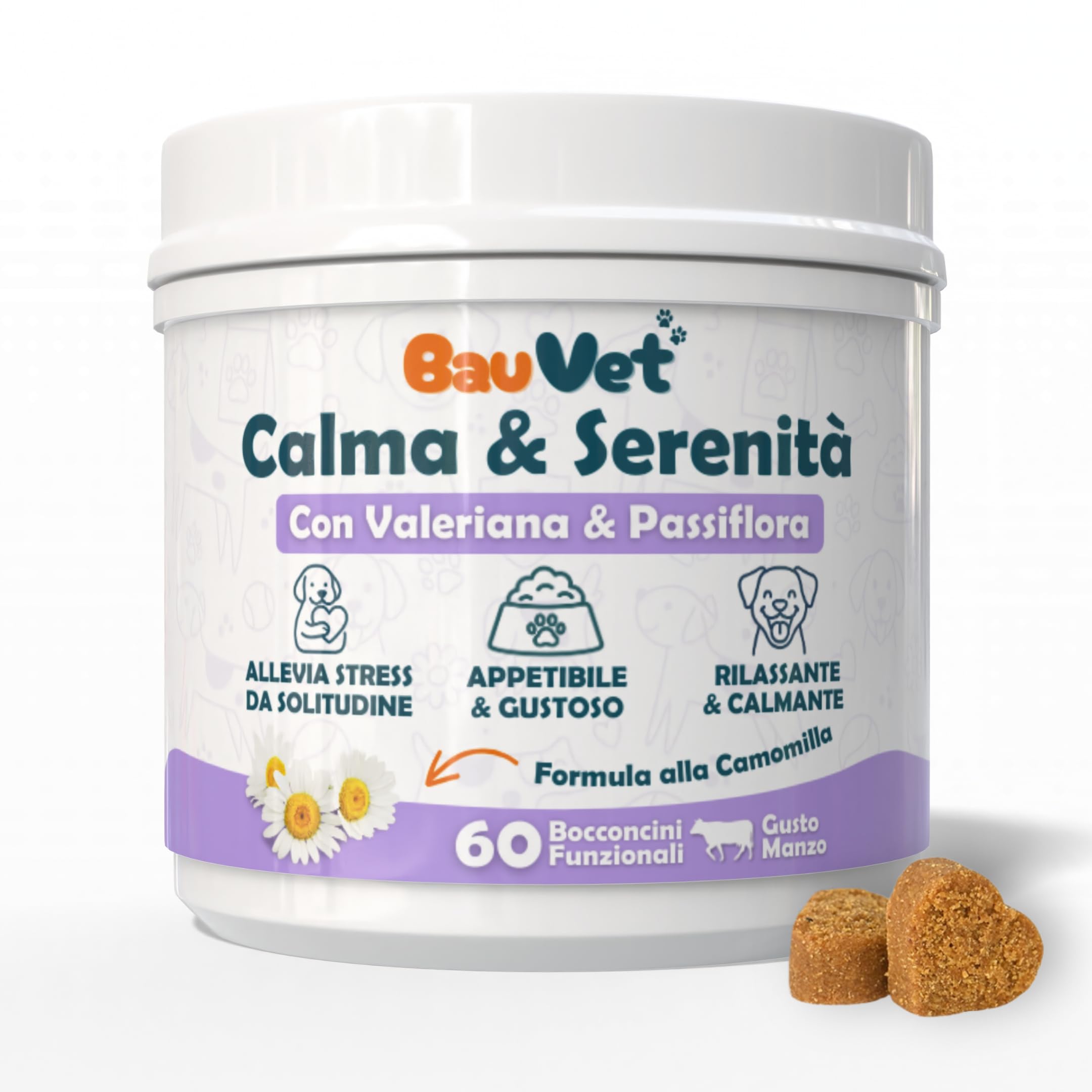 Calma & Serenità per Cani | Integratore Naturale con Valeriana, Passiflora e Camomilla | Supporto Relax, Sonno Sereno e Benessere Emotivo | 60 Bocconcini Gusto Manzo