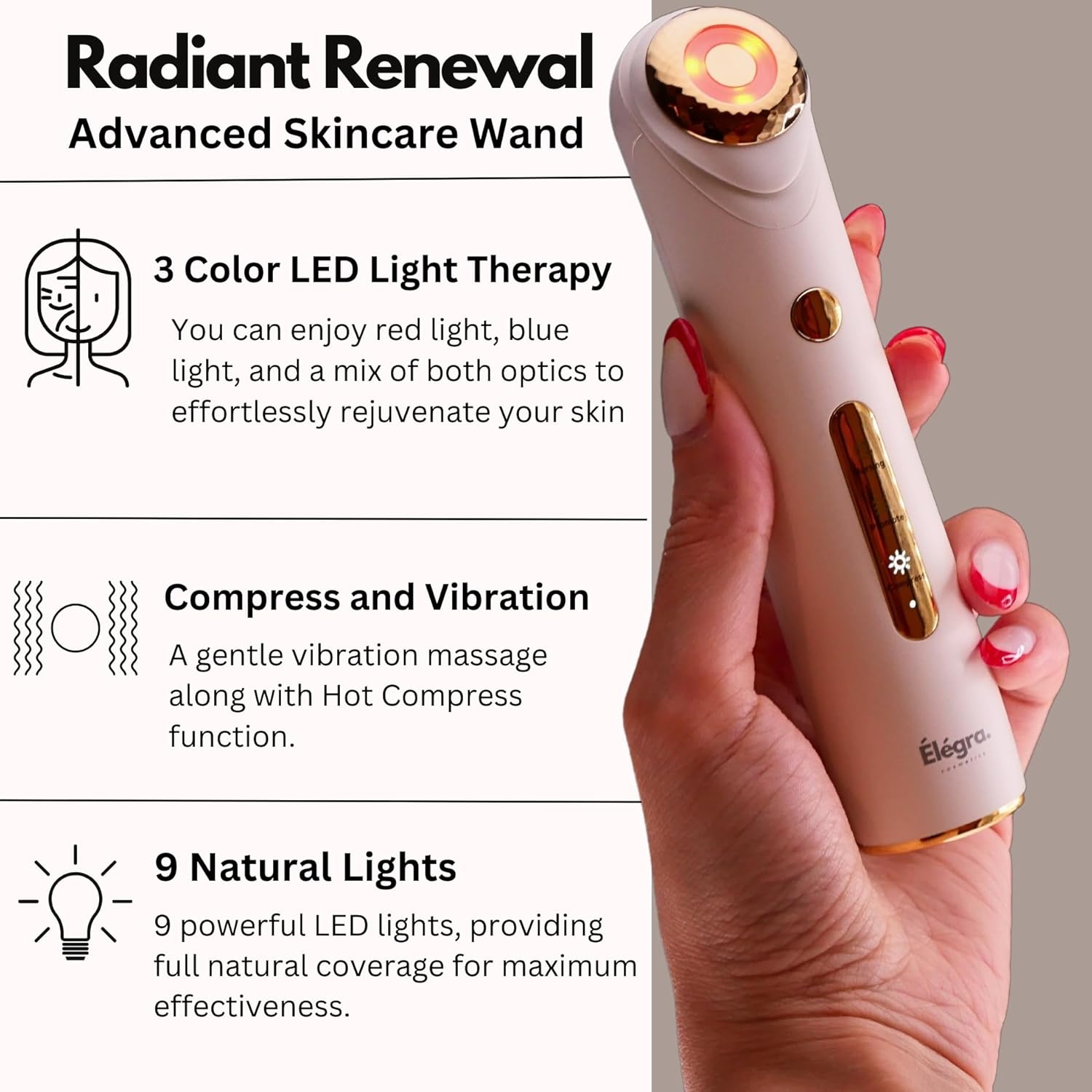 Elegra 5-in-1 LED Facial Light Therapy Wand | Red, Blue, and Mixed Light | Hot Compress, Massager, Adjustable & Golden Head