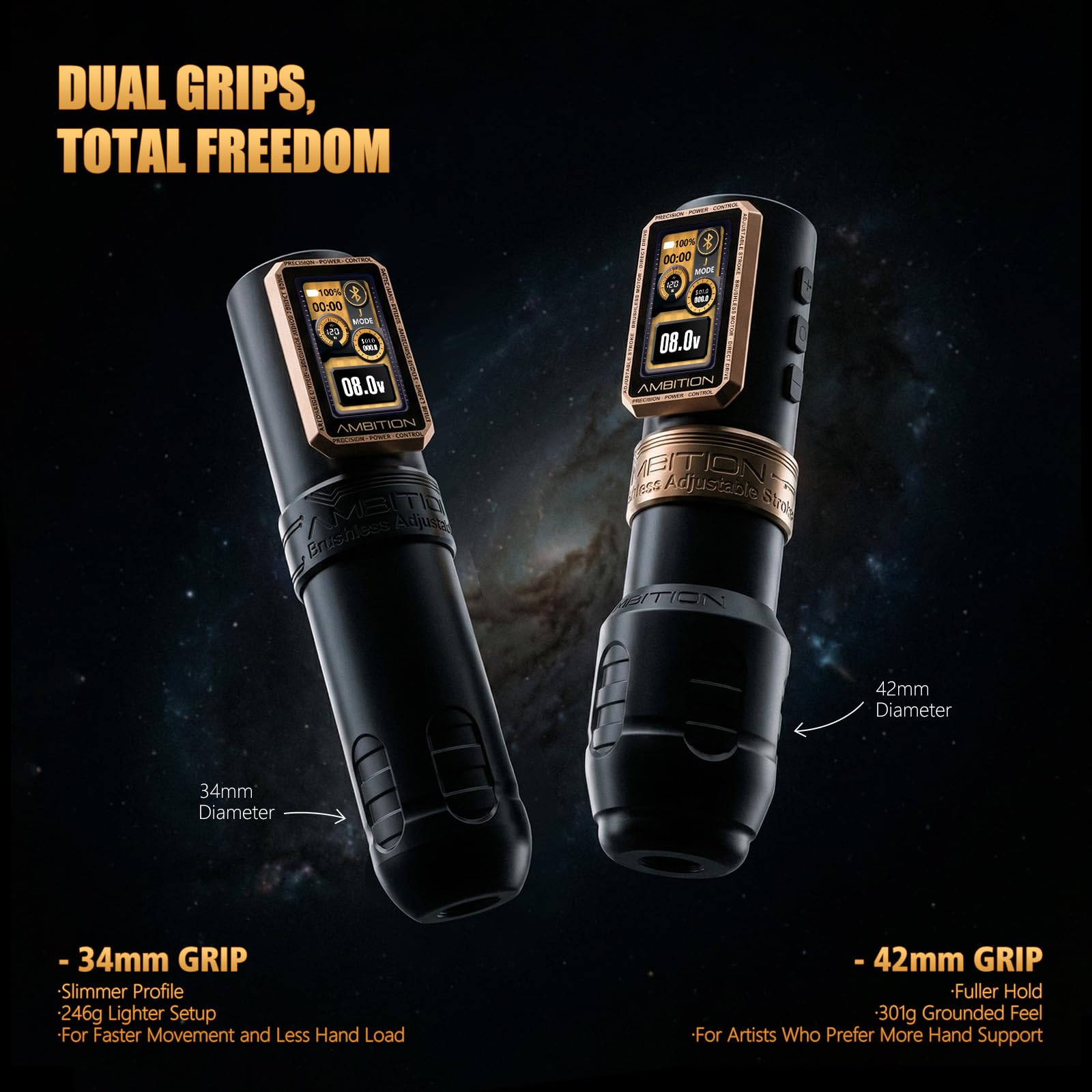 Ambition Epoch Max Drahtlose Tattoo Maschine Tätowiermaschine, werkzeugloser Direktantrieb mit verstellbarem Hub, 270 g·cm Drehmoment Brushless Motor, Dual 2400mAh Akku, Rotary Pen für Profis