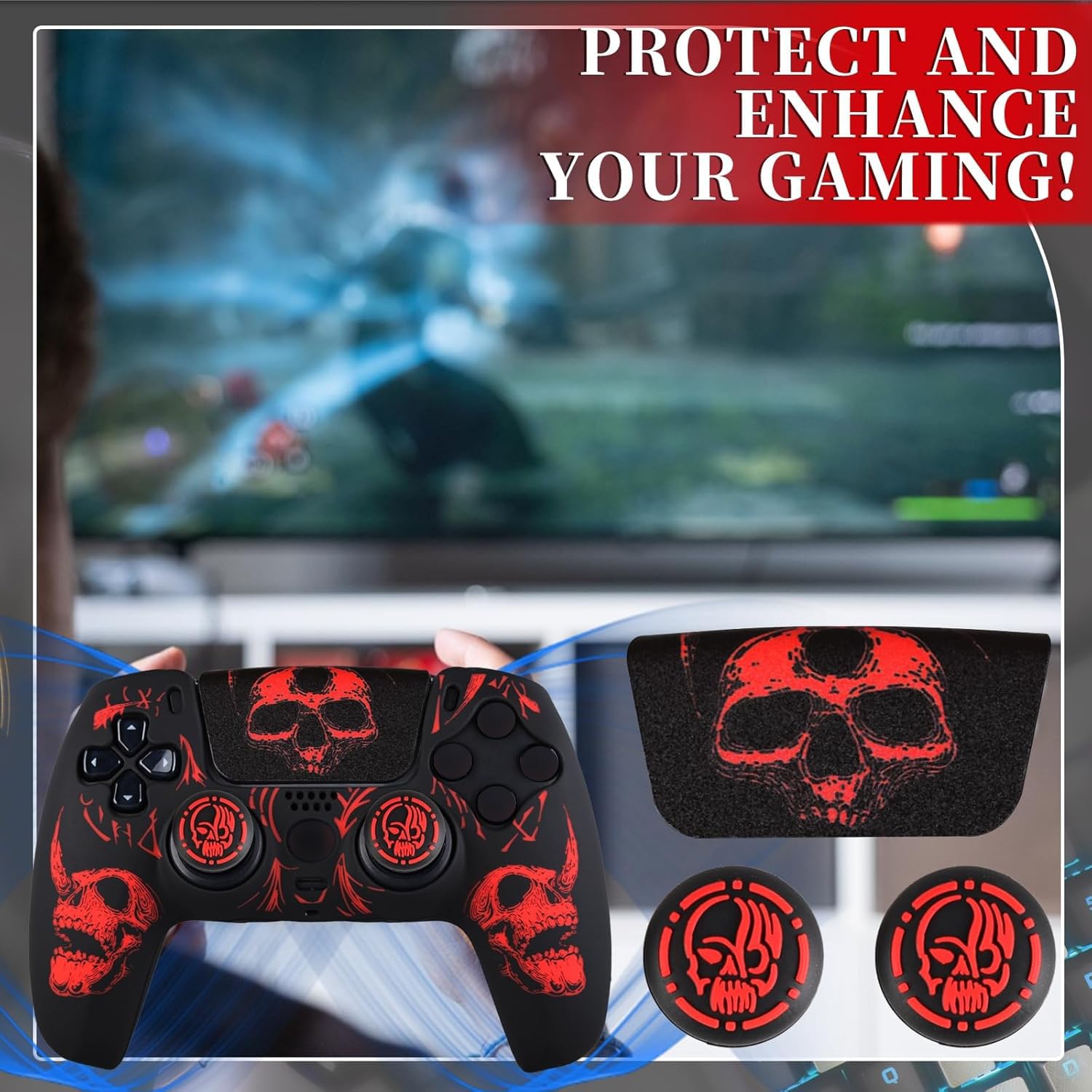 YoRHa Sculpture au Laser Silicone Peau Coques Skin pour Manette PS5 Dualsense x 1 (Rouge) avec Pro Thumb Grips Prises de Pouce x 8