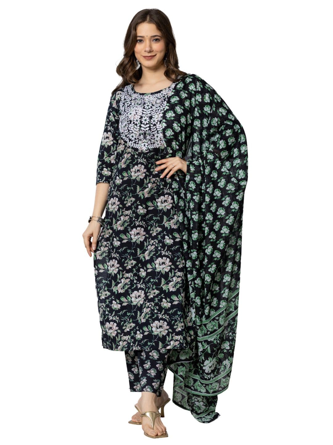 Rytras Women's Cotton Embroidered Straight Kurta With Pant And Dupatta(Ryt565,Black,L)