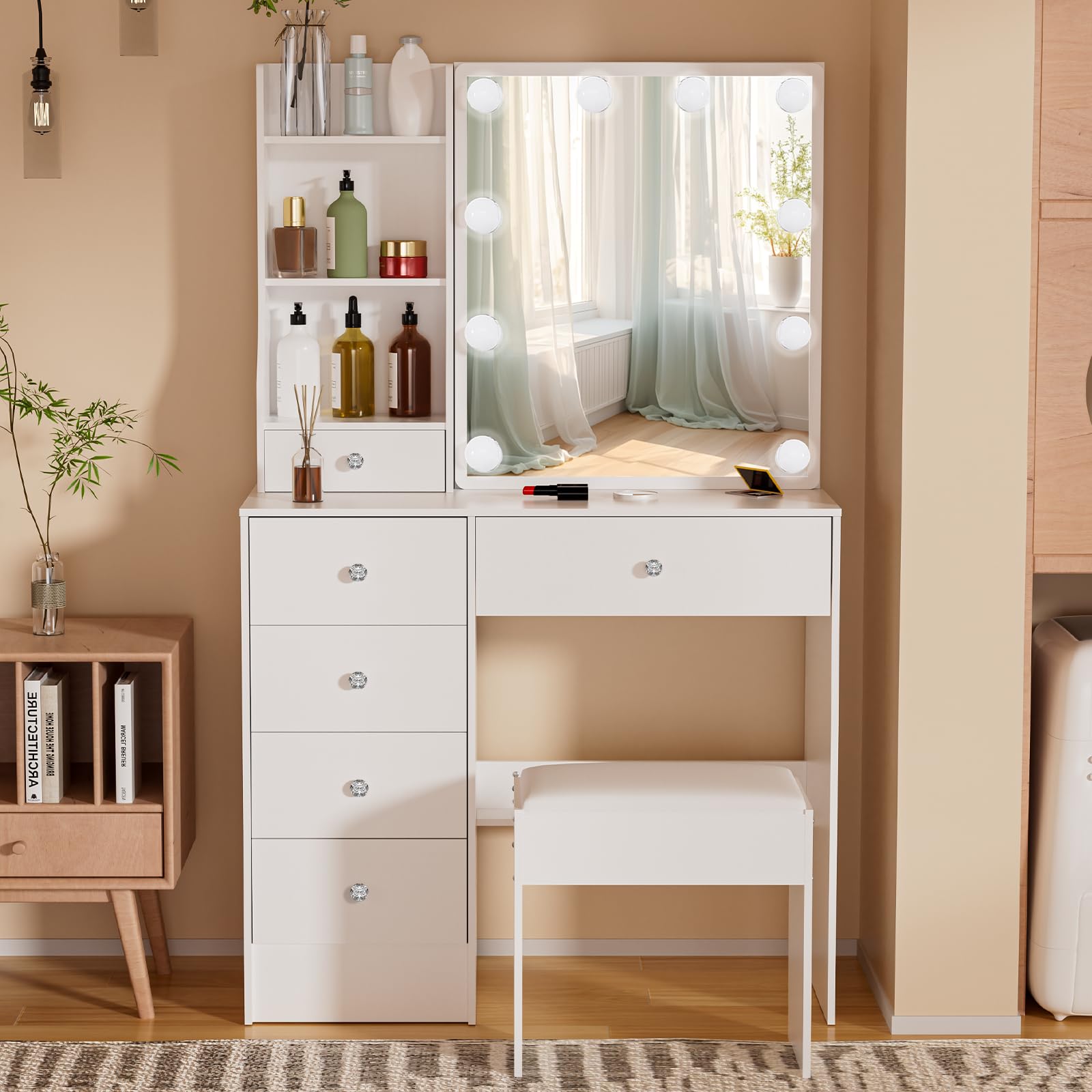 Puselo Dressing Table with Lighting, Dressing Table with Sliding Mirror and Stool, 6 Drawers, 3 Open Shelves, 3 Concealed Shelves, Cosmetic Table for Bedroom, Children's Room, 80 x 36 x 131 cm, P398
