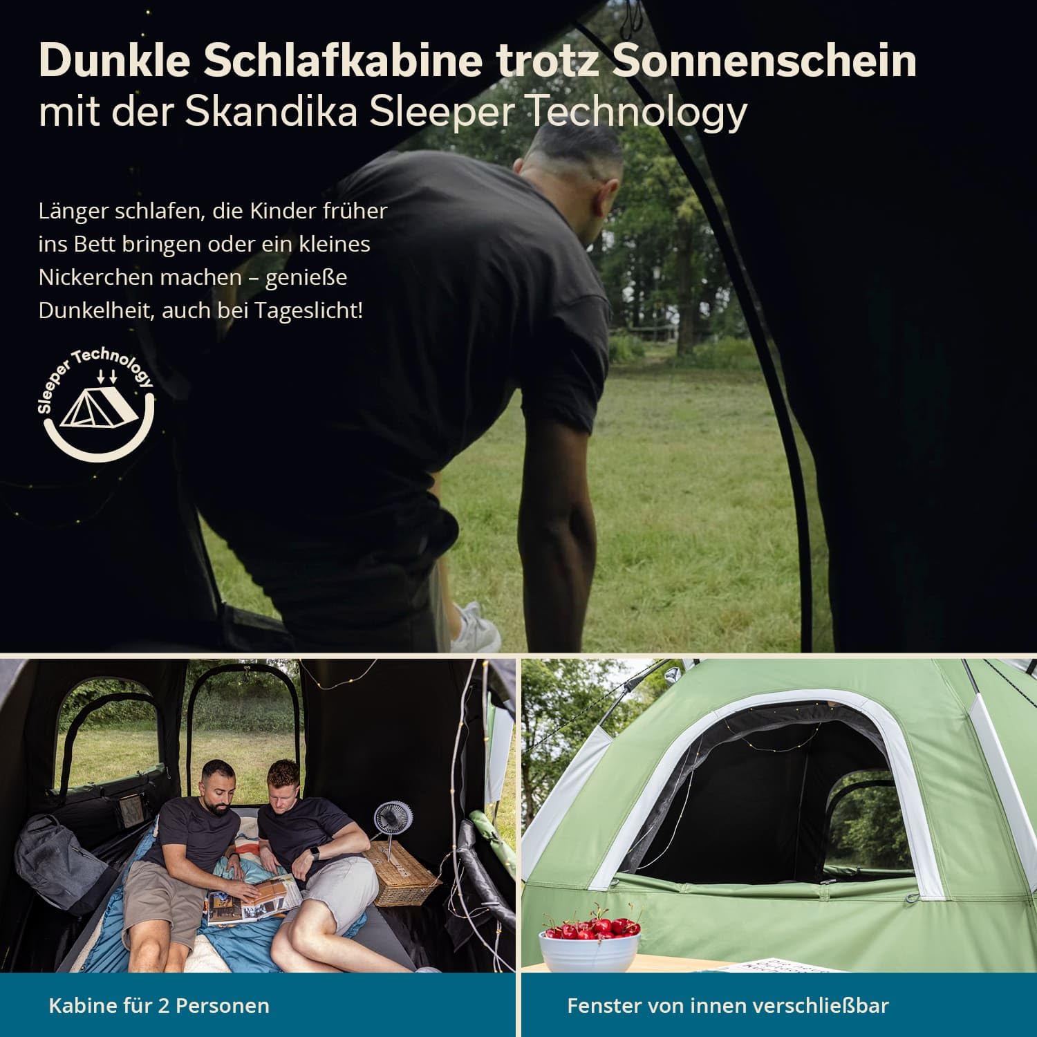 Skandika Namiot kopułowy Namsos 2 Sleeper Protect Quick Start | namiot dla 2 osób, szybki montaż w 1 minutę, czarna kabina sypialna, okno dachowe, słup wody 3000 mm, UPF 100+, kemping, festiwal, do