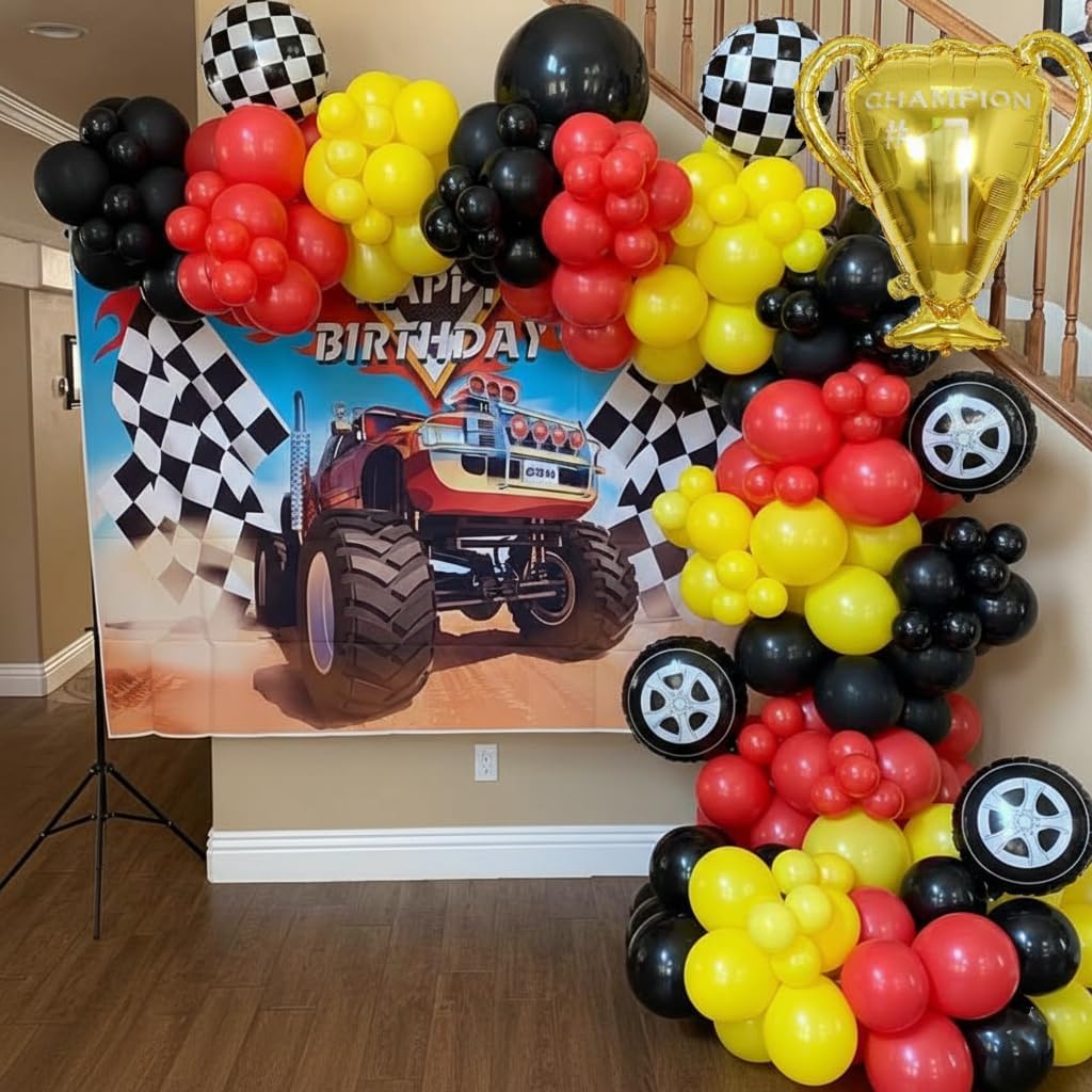 Race Car Balloon Arch Garland Kit, 154pcs Different Size Tire Flags Checkered Black Red Yellow Balloons Arch Kit for Racing Car Two Fast Theme Boy Birthday Anniversary Party Decorations - Image 4