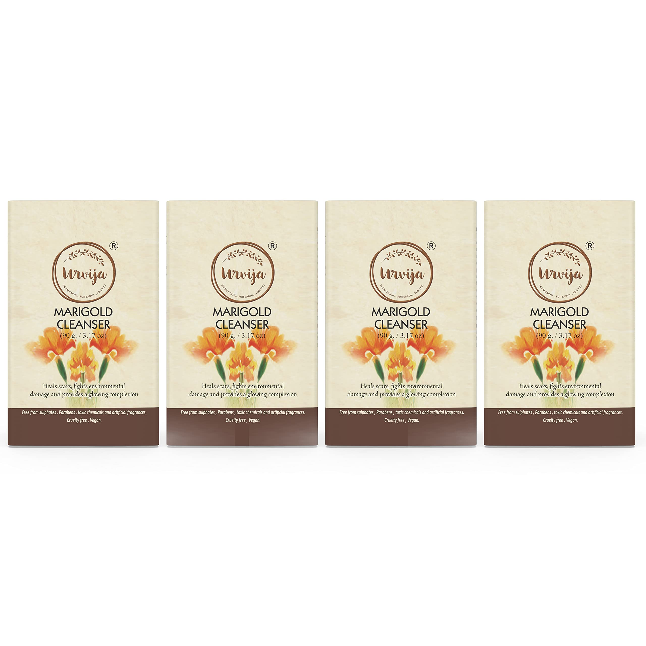 Urvija Marigold Cleanser Soap- Essential oil based Handmade soap|Nourishes and Hydrates Skin|Repairs Dry, Dull & Damaged Skin|Certified Palm oil free|Paraben free & Chemical free- Pack of 4, 90g each