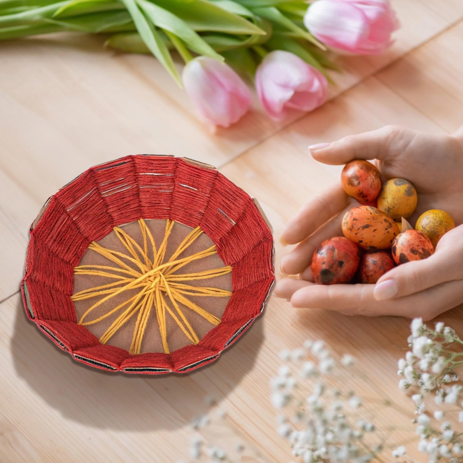 BOSREROY 12 Stk. Korbflechtset, DIY Osterkorb Bastelset mit 6 Farben Papier Raffia und 12 vorgestanzten Blumen-Kartonvorlagen, Flechtset, Geschenkkorb Bastelset für Anfänger und Erwachsene
