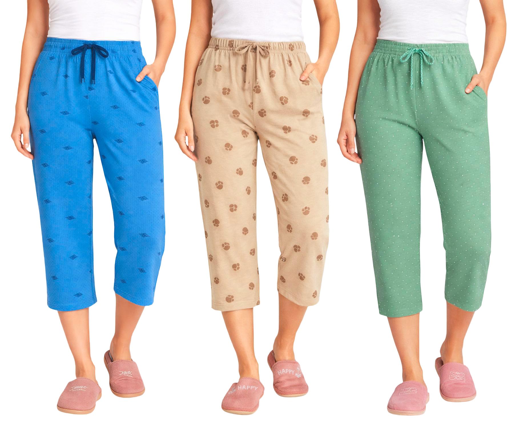 Women’s Printed Cotton Capri Pants for Women with Pocket | Soft Comfortable Stretchable Daily Wear Lounge Capri Bottomwear Pack of 3 (BluDot-BegPaw-GrnDot, M)-image-46
