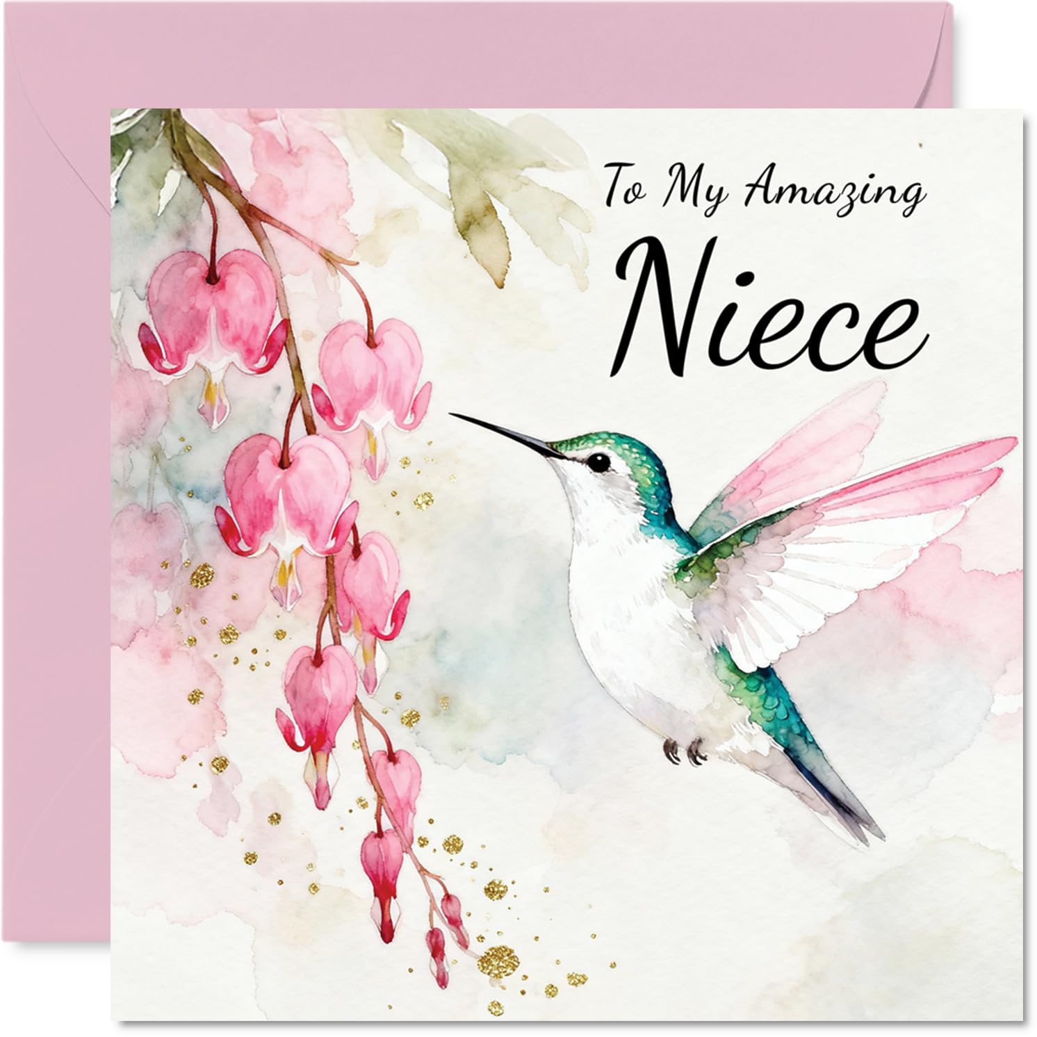 Niece Birthday Card - Hummingbird Wishes - Happy Birthday Card for Niece from Auntie Uncle, 145mm Pink Floral Illustration Bday Greeting Cards