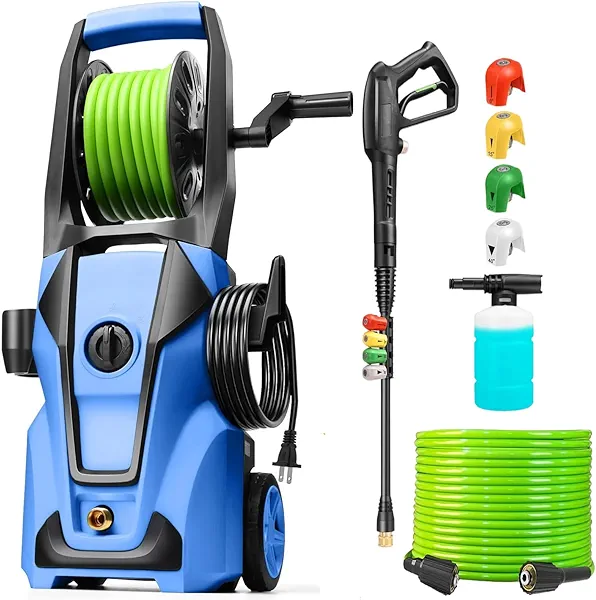 Pressure Cleaner Adjustable 5000PSI 4.0 GPM High Power Cleaners with 33ft Hose Reel, 4 Nozzle and Foam Cannon, Power Cleaners Machine for Home, Cars, Patio (Blue)