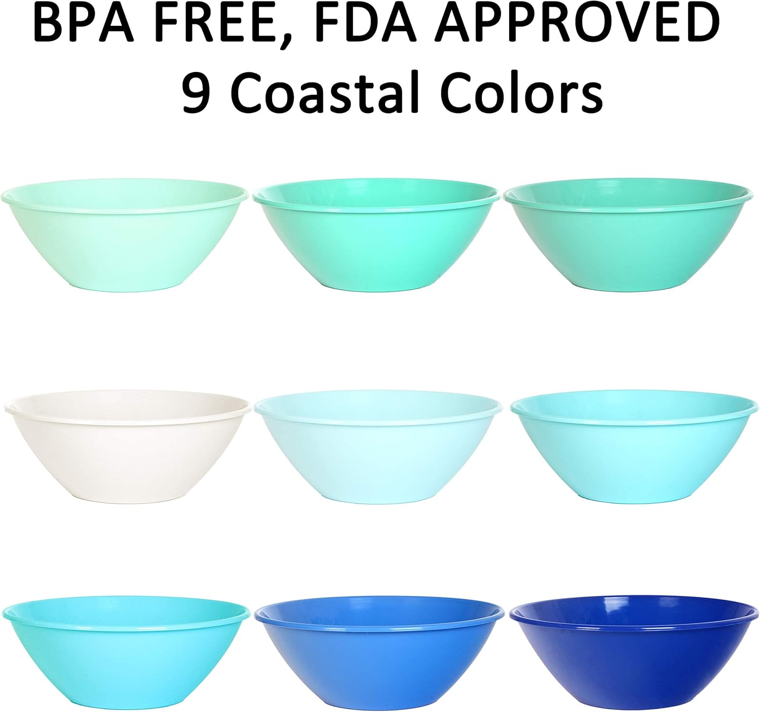Youngever 10 inch 100 Ounce Plastic Mixing and Serving Bowls, Popcorn Bowls, Salad Bowls, Chip and Dip Serving Bowls, Set of 9 (Coastal)