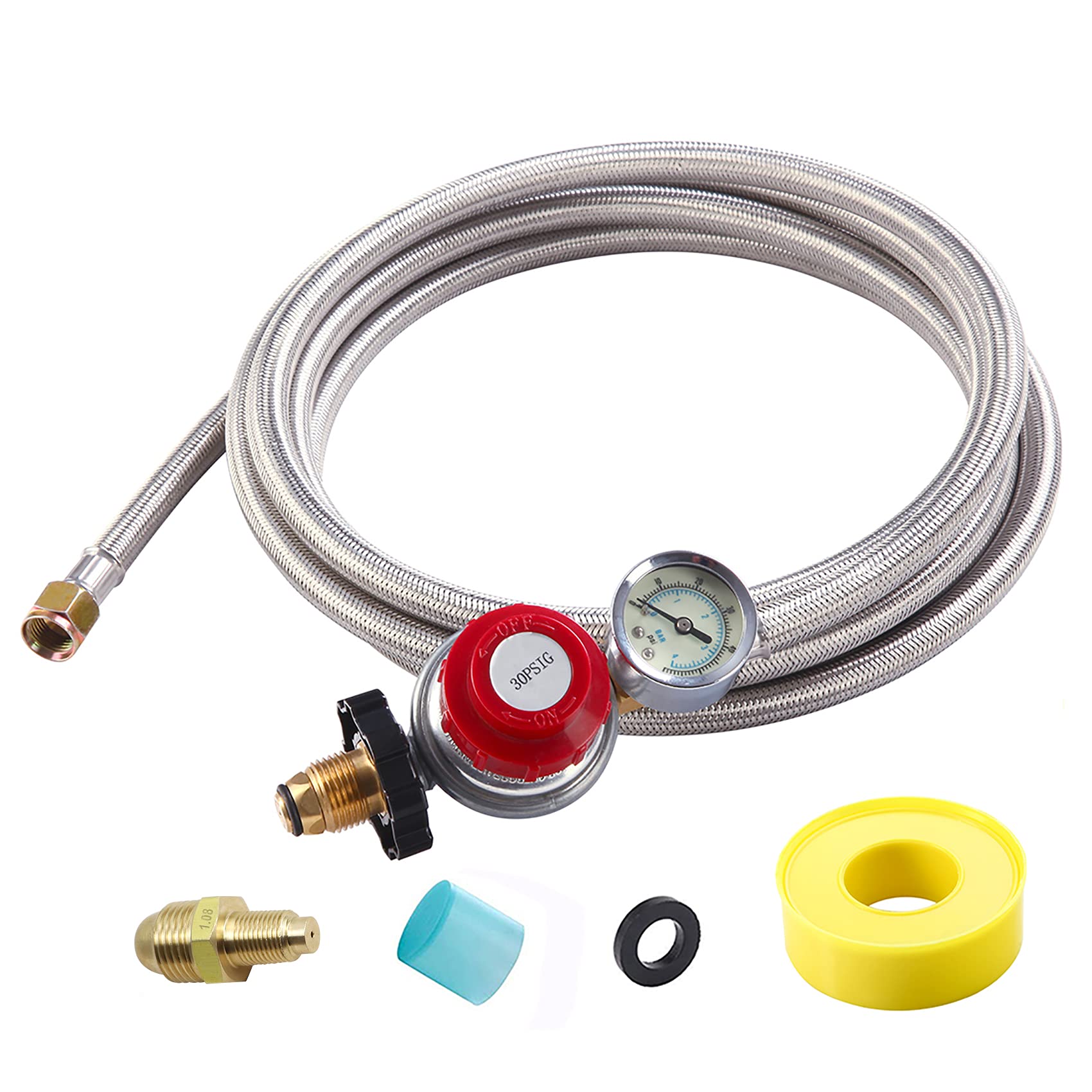 High Pressure Adjustable Propane Regulator 0-30 PSI with Gauge 0~60PSI Gas Flow Indicator, Gas Cooker-3/8inch Female Flare Fitting, Stainless Steel Braided Hose and Gas Grill LP Regulator (12 FT)