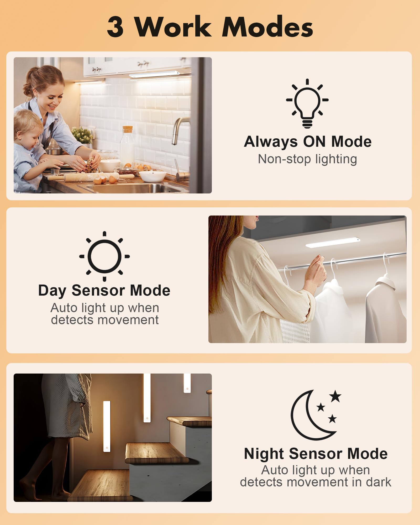 maylit Lot de 6 éclairages sous armoire, 3 couleurs de temps, détecteur de mouvement d'intérieur, lumières à piles rechargeables, barre lumineuse magnétique sans fil pour comptoir de cuisine, placard
