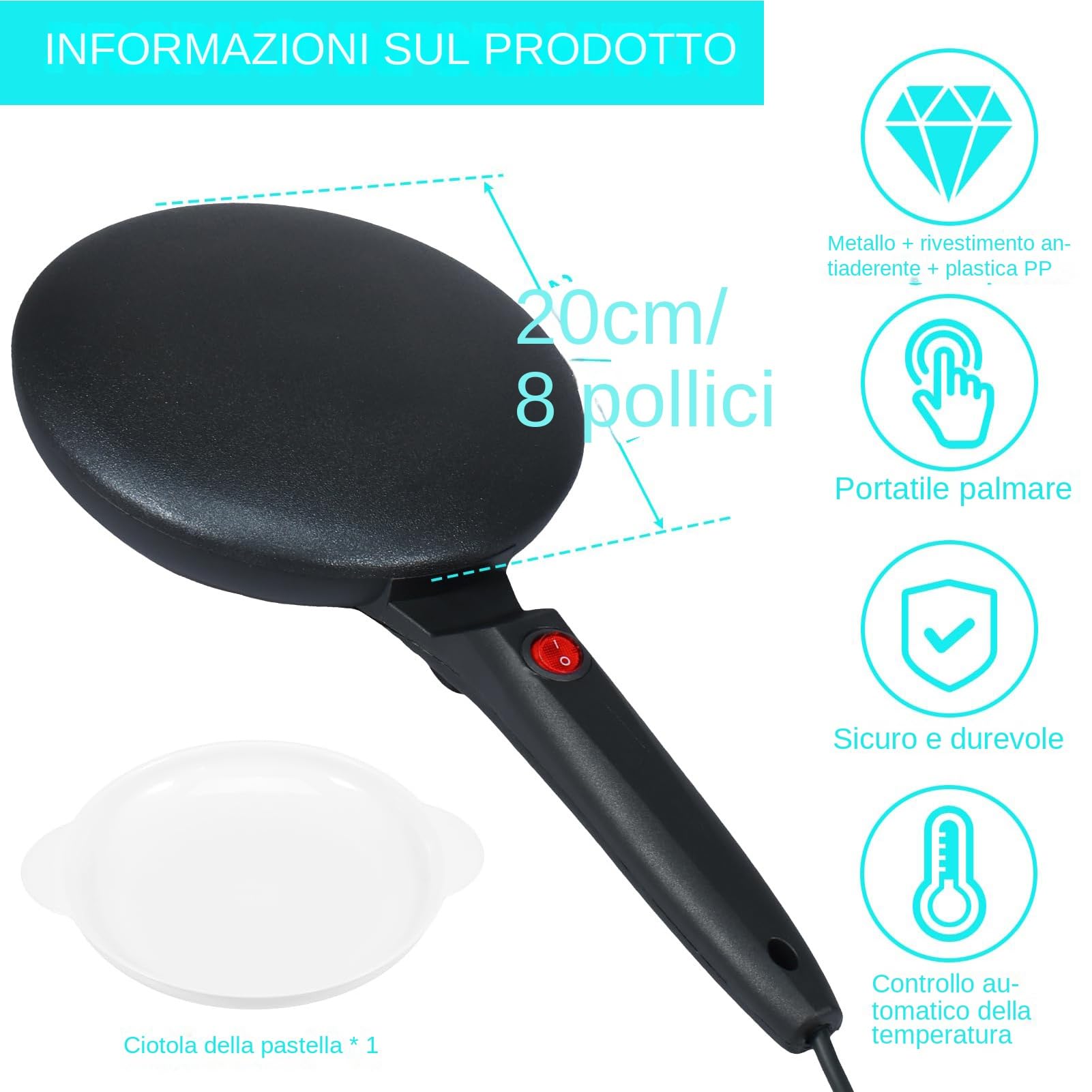 Piastra Per Crepe Aoruru 12 Pollici Elettrica - 1200W, Antiaderente, Con 3 Regolazioni Temperatura Crepiera Elettrica