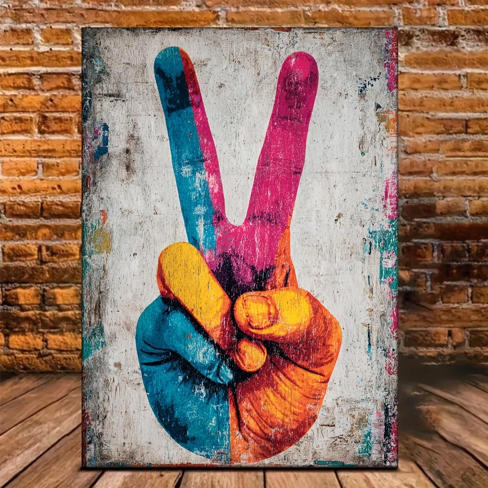CWZBFEH Colorful Retro Peace Sign Gesture Canvas Wall Art, for Home or Office Decor(45x60cm/No frame)