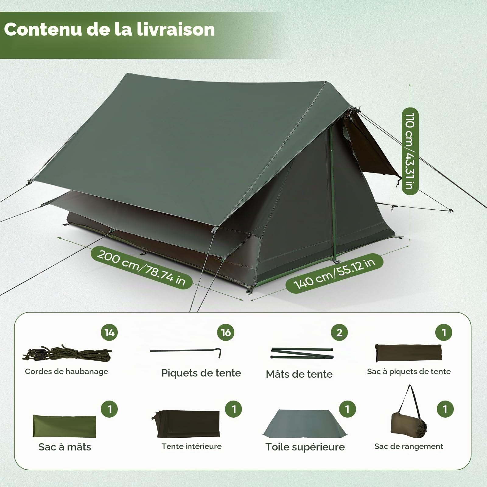 Tente pour 1 et 2 personnes, petit volume de rangement, ultra légère, pour vélo ou moto, voyage, colonne d'eau de 3000 mm, avec tissu Oxford 200D, tente intérieure séparée, randonnée, trekking