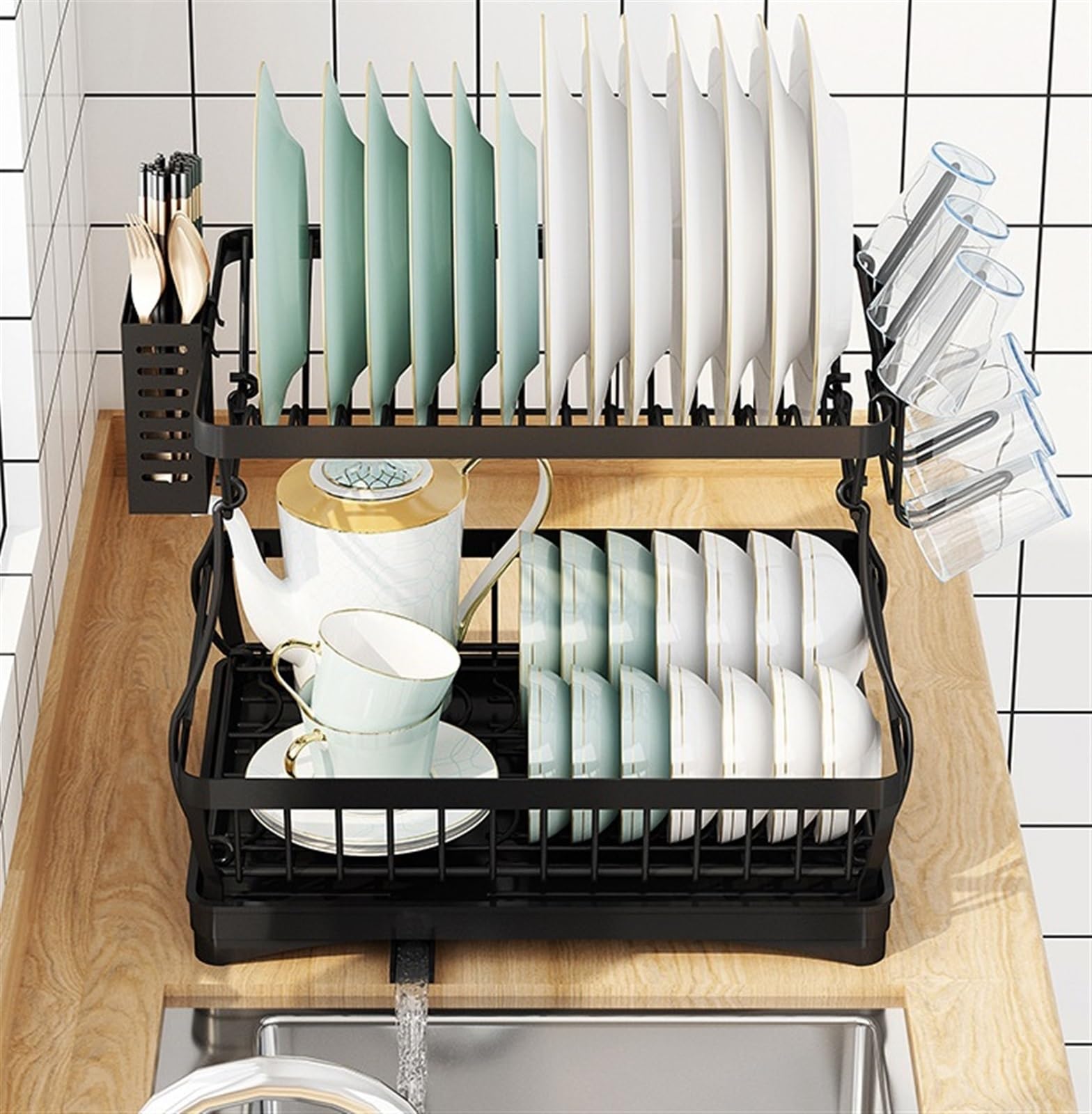 Colector de Cubiertos Rejilla para Secar Platos De 2 Niveles, De Acero Inoxidable, para Organizar La Encimera De La Cocina Escurreplatos Firme