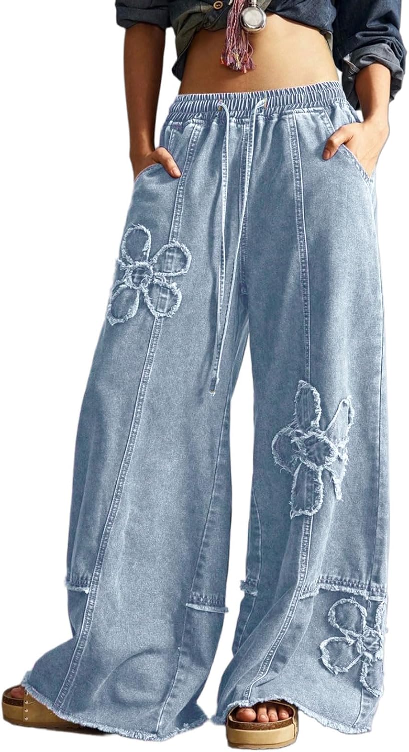 CHARTOU Baggy Wide Leg Jeans Women Drawstring Elastic High Waisted Distressed Floral Denim Pants Y2k Jeans