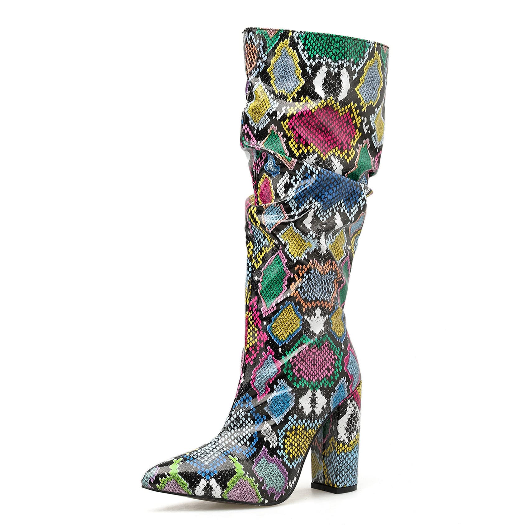SHEMEE Womens Colorful Snakeskin Knee High Boot Chunky Block High Heels Snake Print Round Toe Zipper Slouch Shoes