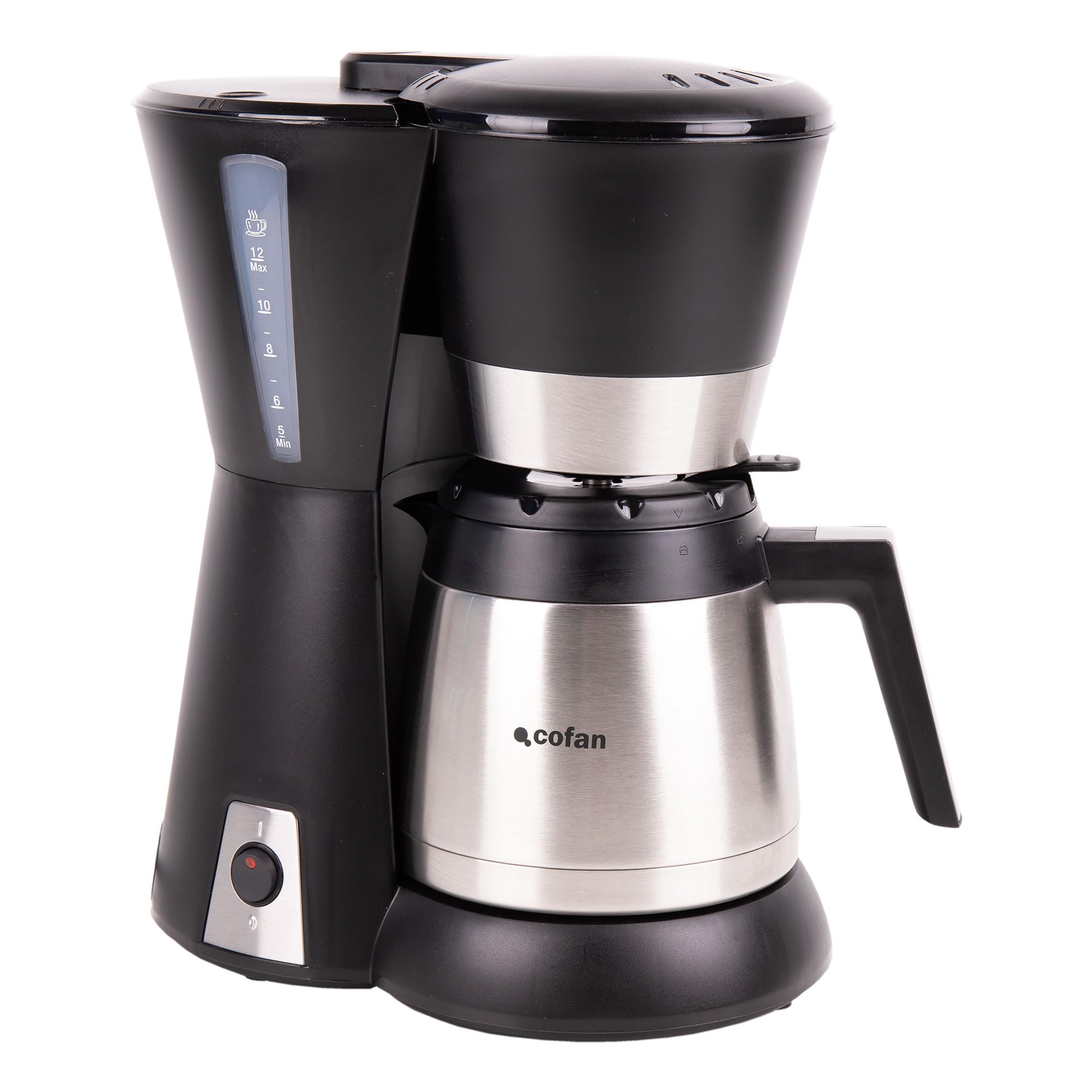 Cofan Cafetera de goteo 1,2L con jarra de acero inox., Capacidad 12 tazas, Potencia 800W, Apagado automático, Sistema antigoteo, Filtro permanente