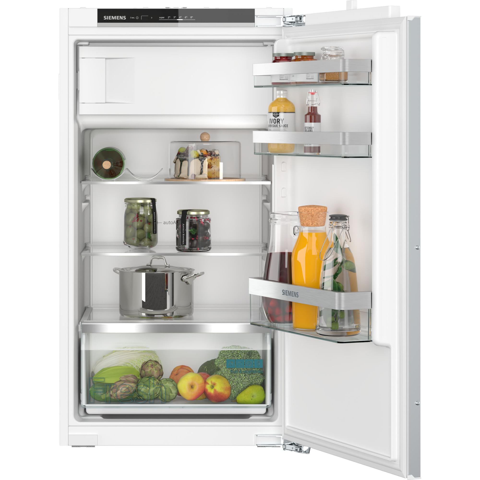 Siemens KI32LVFE0 Einbau-Kühlschrank iQ300, integrierbarer Kühlautomat mit Gefrierfach 102x56 cm, 132L Kühlen, 15L Gefrieren, freshBox, LED-Beleuchtung, superCooling, bottleRack.