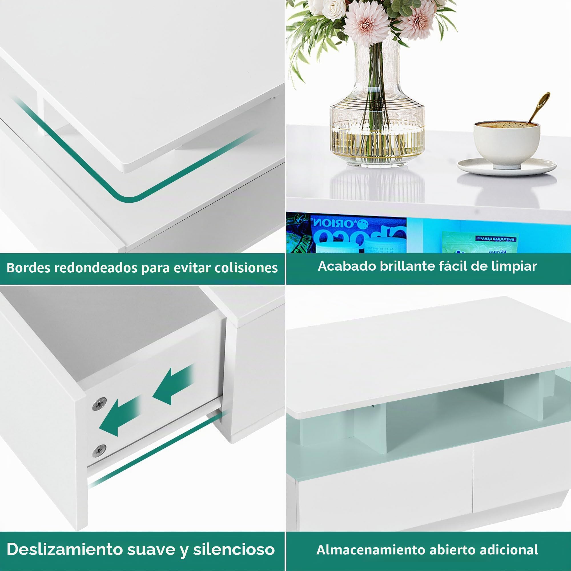 YITAHOME Mesa de Centro con 16 Colores LED para Sala, Mesa Cafe Madera con Estante Abierto y 4 cajones, Mesa de Centro Blanca Moderna