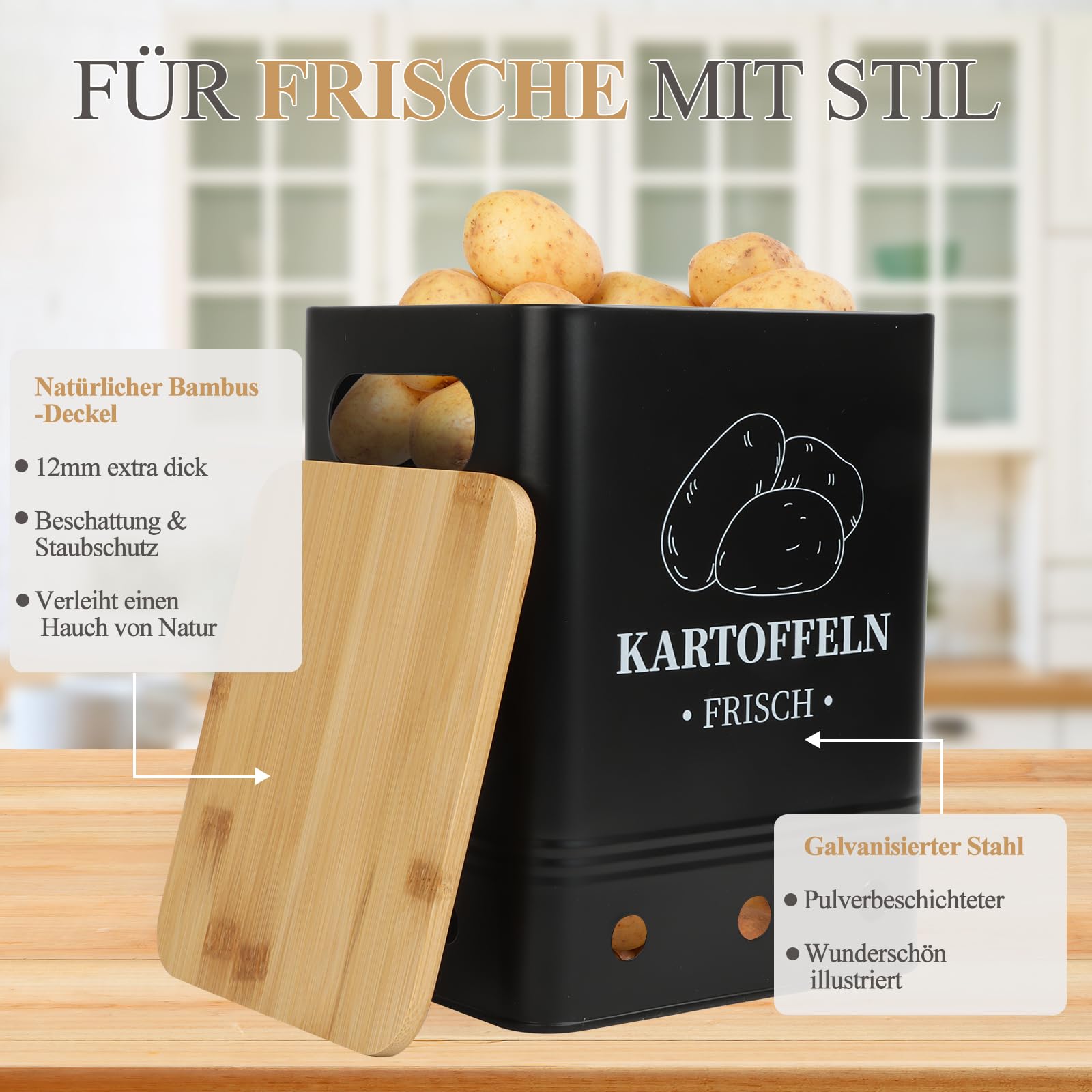 Kartoffel-Aufbewahrung 3er Set – Mit Bambusdeckel, Stapelbar, Für Kartoffeln, Zwiebeln, Knoblauch