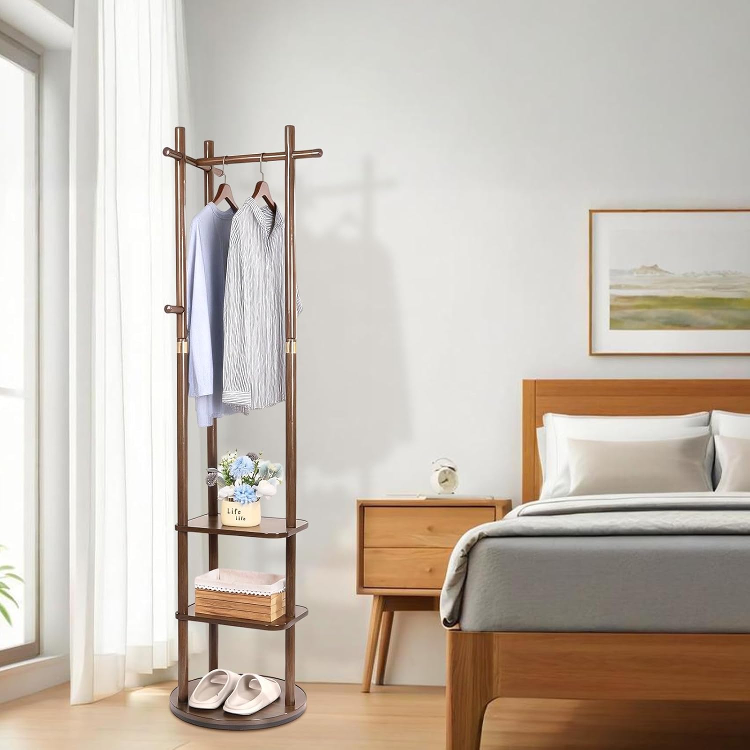 Coat Rack Freestanding Clothing Rack Wood Garment Rack with 3 Storage Shelves and 5 Hooks Heavy-Duty Coat Tree for Corner Entryways Living Rooms and Bedrooms, Walnut