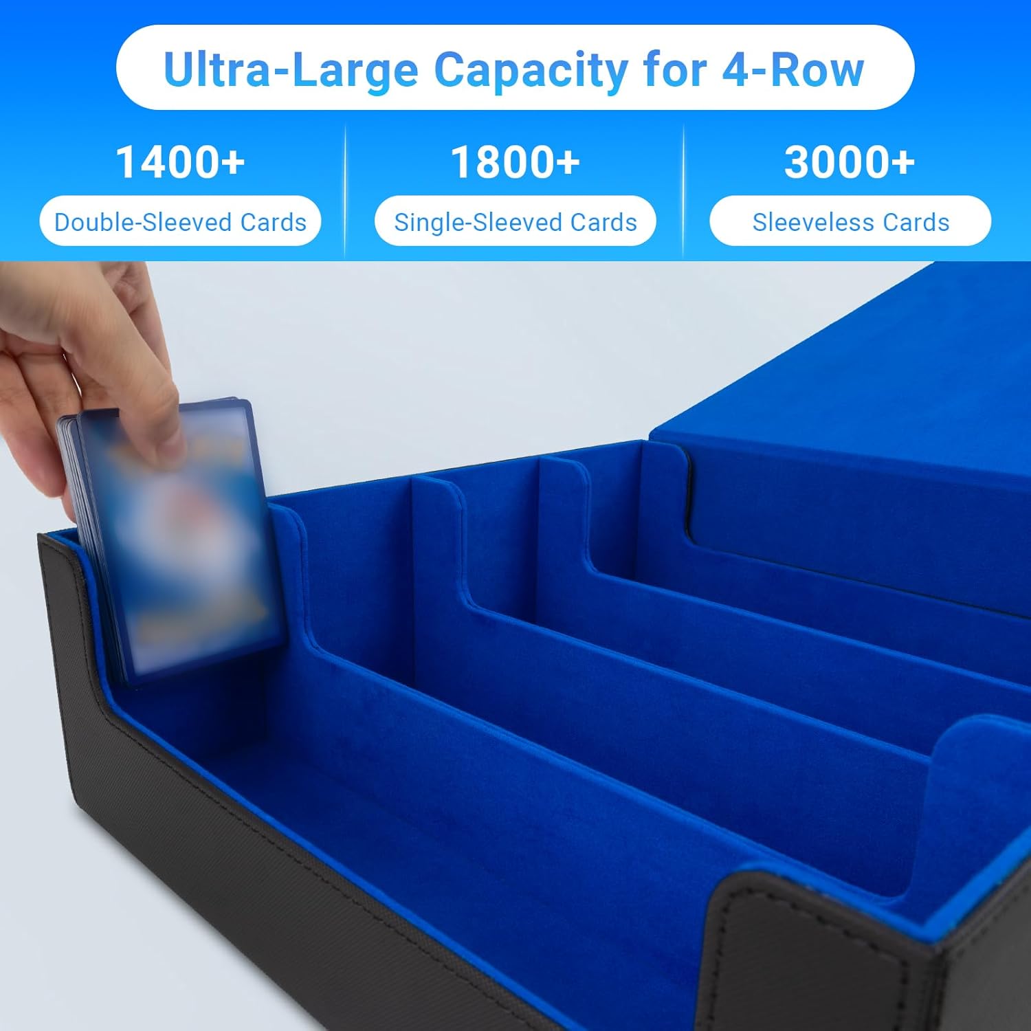 Collectible Trading Card Case - 4 Rows with 24 Card Dividers & 4 Card Supporters, PU Leather Case for MTG, Game & Sport Cards (Black & Blue)