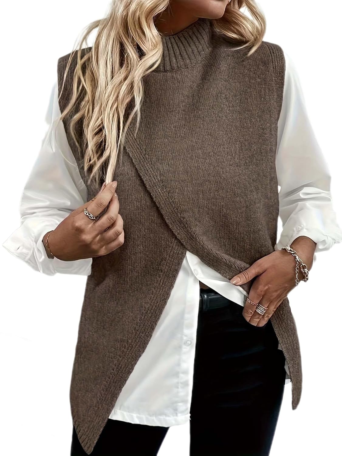 Womens Fall Outfits Sweater Vest Mock Neck Sleeveless Knit Tops Pullovers Quiet Luxury Clothes
