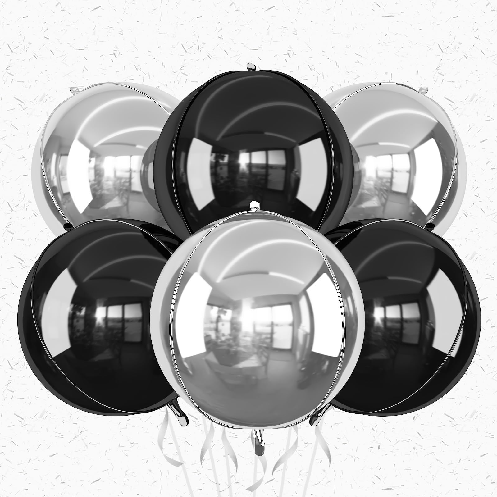 6Pcs Silver Black Round Foil Balloons,Giant 4D Round Ball Balloon,22 Inch Metallic Balloons for New Years Birthday Wedding Graduation Prom Party