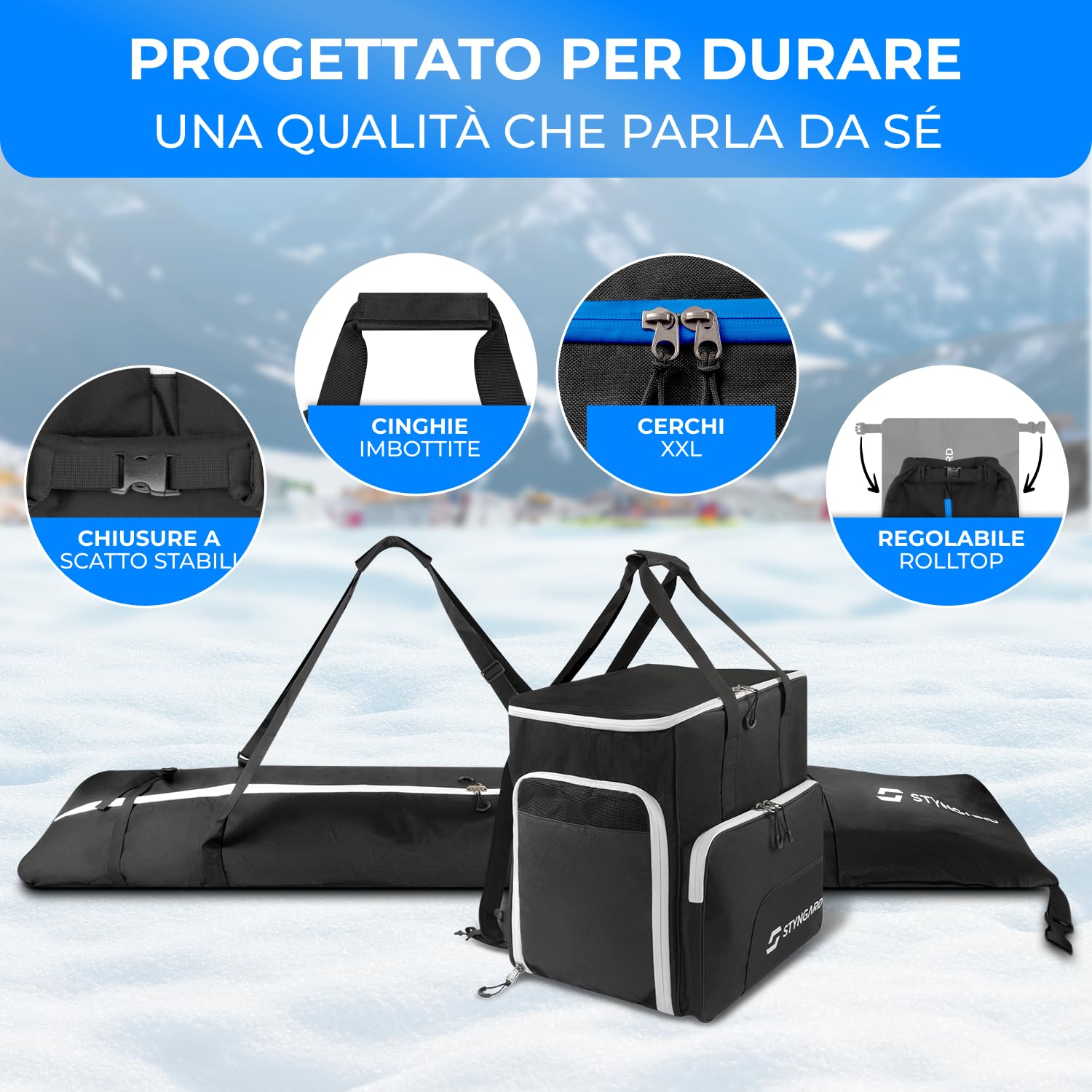 STYNGARD Set Borsa da sci per 2 paia di sci [da 140 cm a 200 cm] borsa porta sci e borsa porta scarponi con scomparto per casco [54 L] Modello Salzburg
