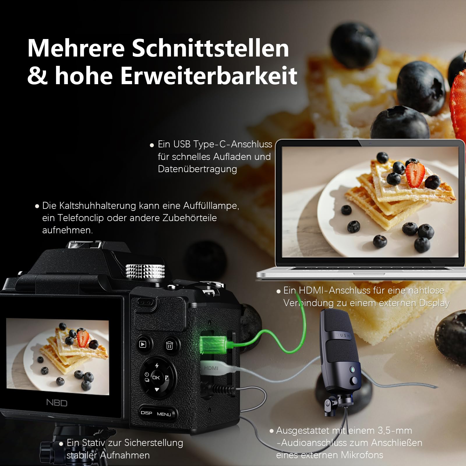 8K & 64MP Digitalkamera für Fotografie, 48X Zoom (16X Optisch + 3X Digital) mit Mondmodus, 180° Klappdisplay, WLAN, Micro-HDMI, inkl. 32GB TF-Karte & 2 Akkus – Vlogging Kamera für YouTube (Schwarz)
