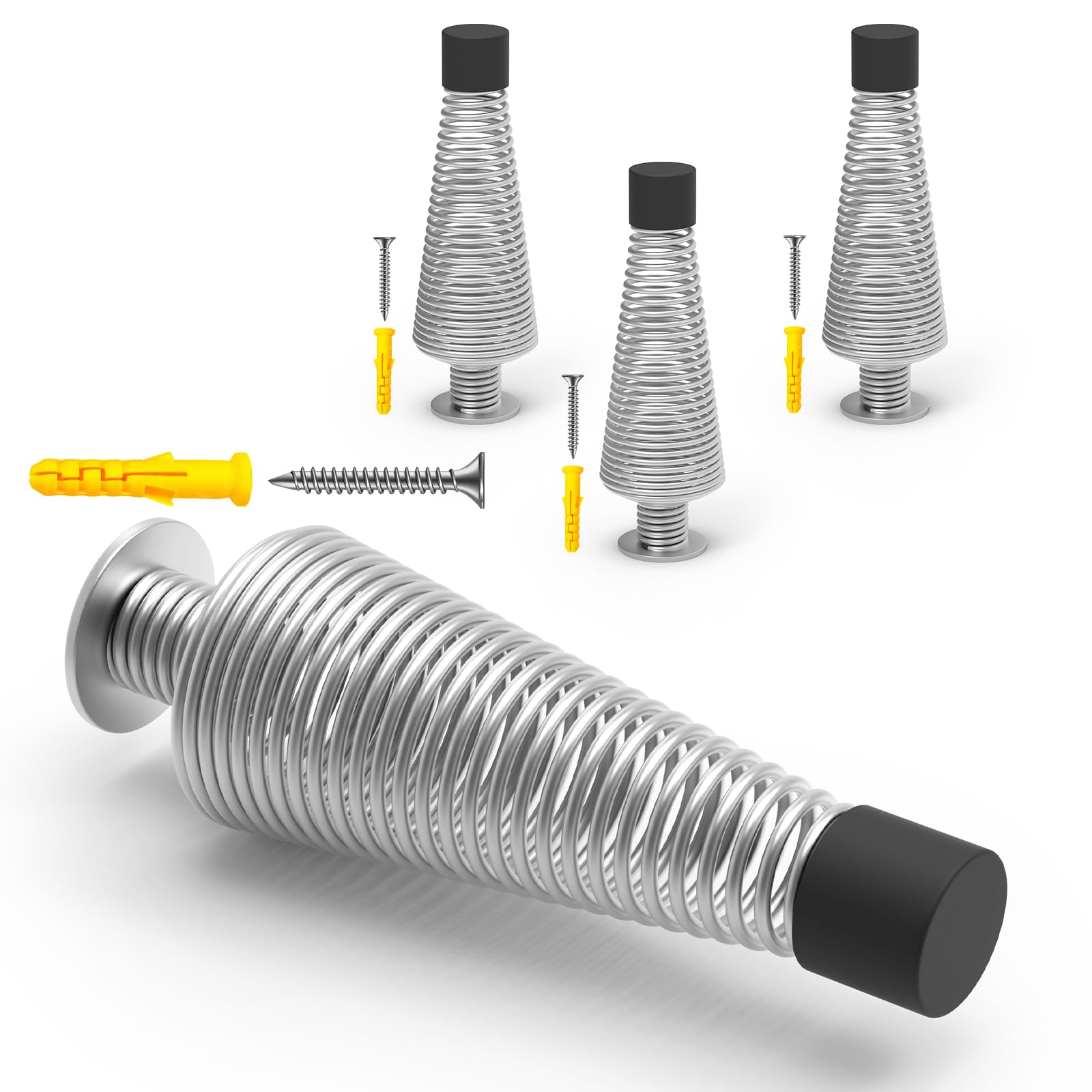 Mousike Silent Industrial Strong Springy Door stoppers for Wall,Large Shock Absorbant Springs Wall Stop,for Heavier Solid core Doors,Garage Warehouse Office Commercial Doors,4.5” Silver （4 Pack）