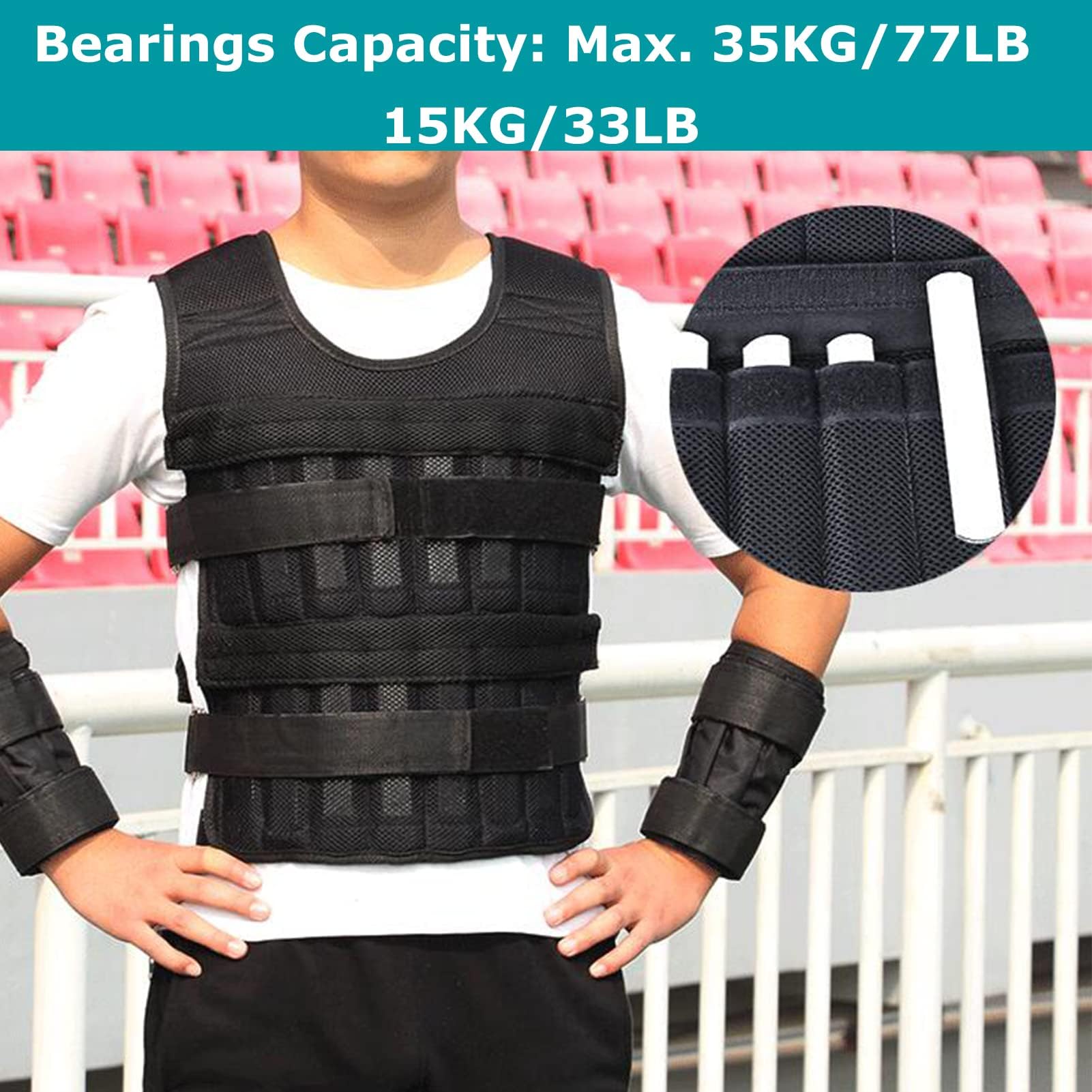 Gilet de Poids de 35 Kg avec Poids de 6 Kg pour les Jambes et 5 Kg pour les Bras, Gilet D'entraînement Réglable avec 32 Poches, Tissu en , Bretelles Absorbant les Chocs,