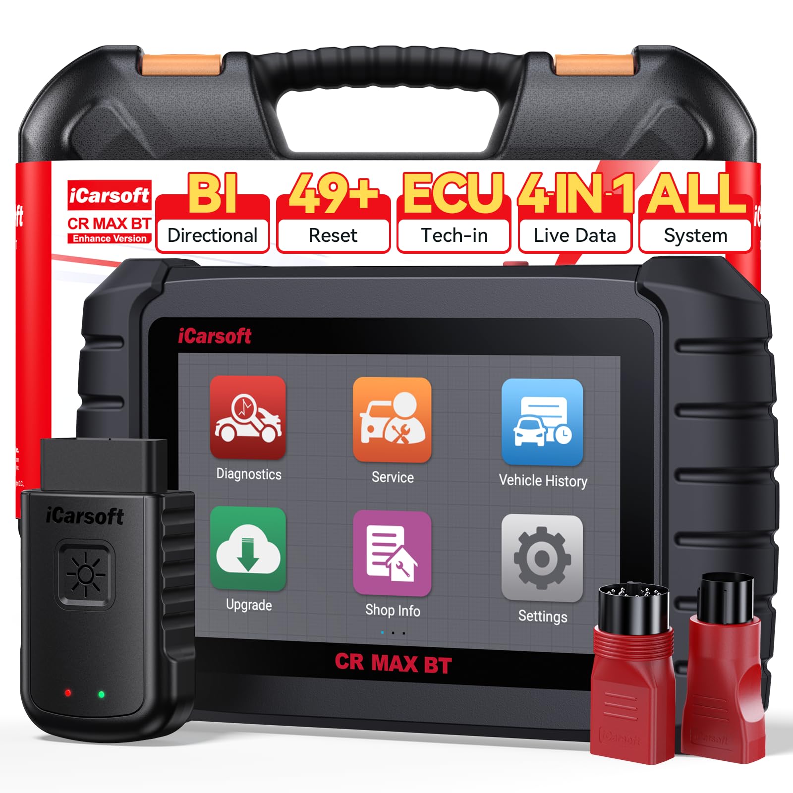 iCarsoft CR MAX BT OBD2 Máquina Diagnosis Coche Multimarca, Bidireccional Escáner de Todo el Sistema, 49 Funciones Reinicio, Codificación de ECU, CANFD, Vin Automático, 2 Adaptadores Incluidos