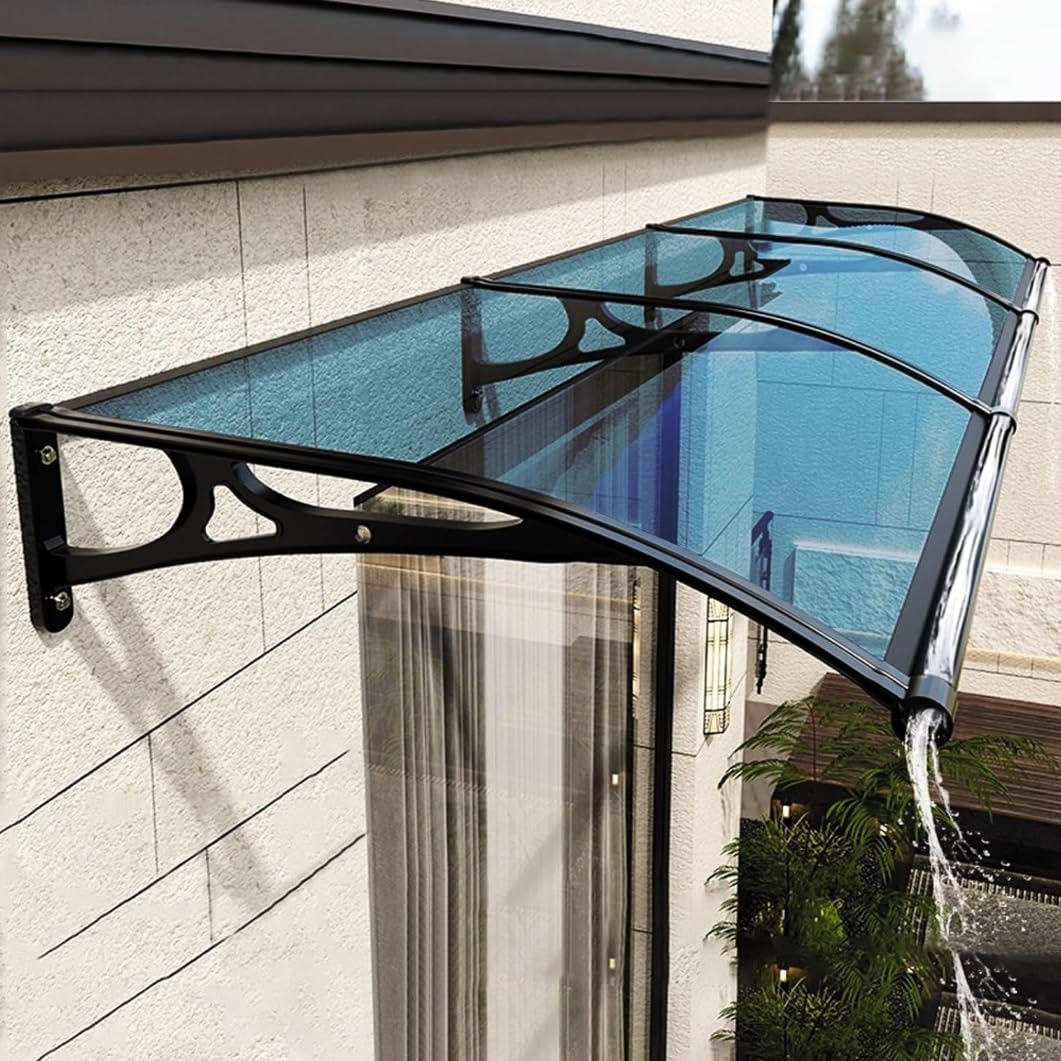 Auvent de porte de terrasse bleue pour s'abriter de la pluie en ouvrant sa maison