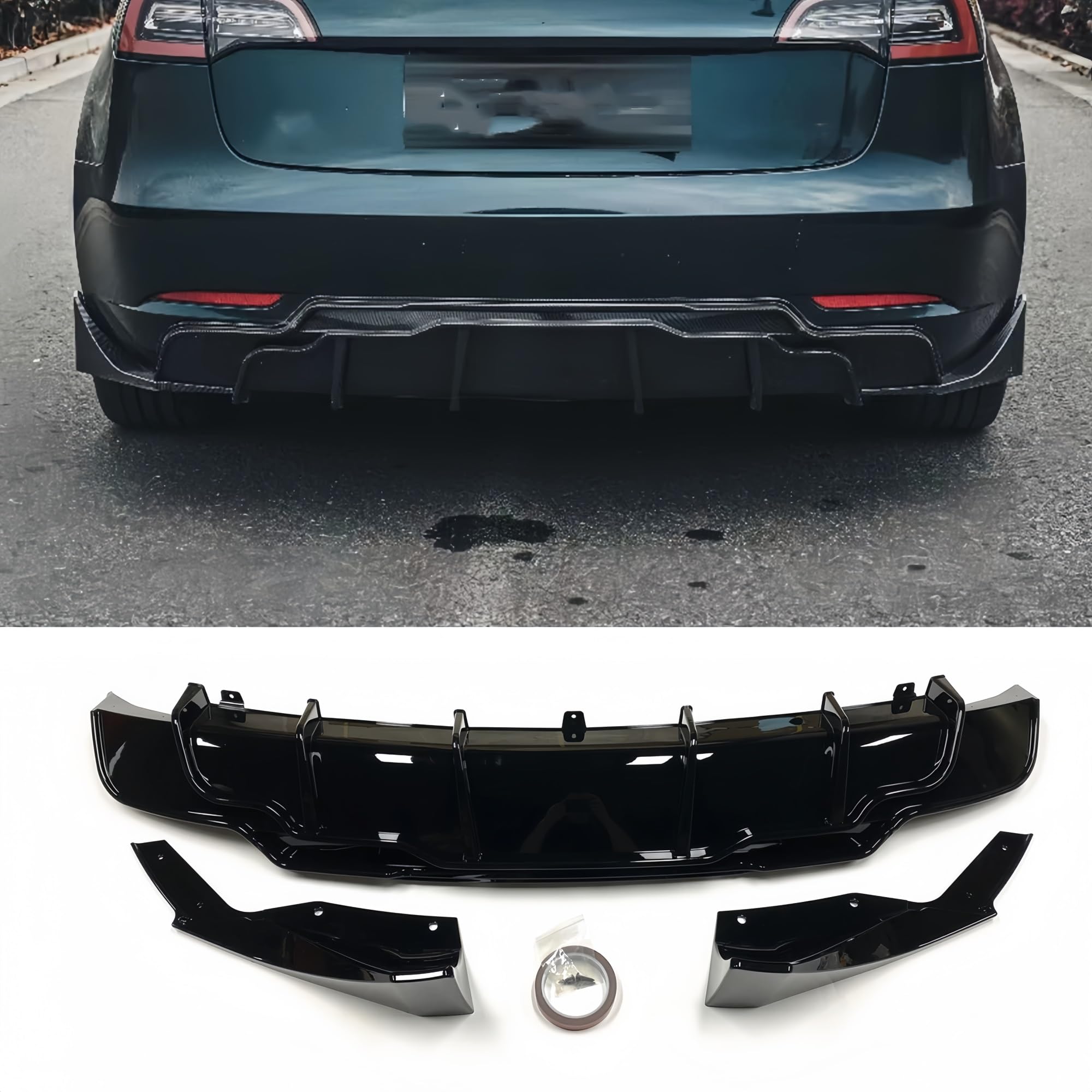 Difusor de alerón Protector Maletero Inferior para difusor Parachoques Trasero para Tesla Modelo 3 sedán 2017-2023(Carbon Fiber Black)