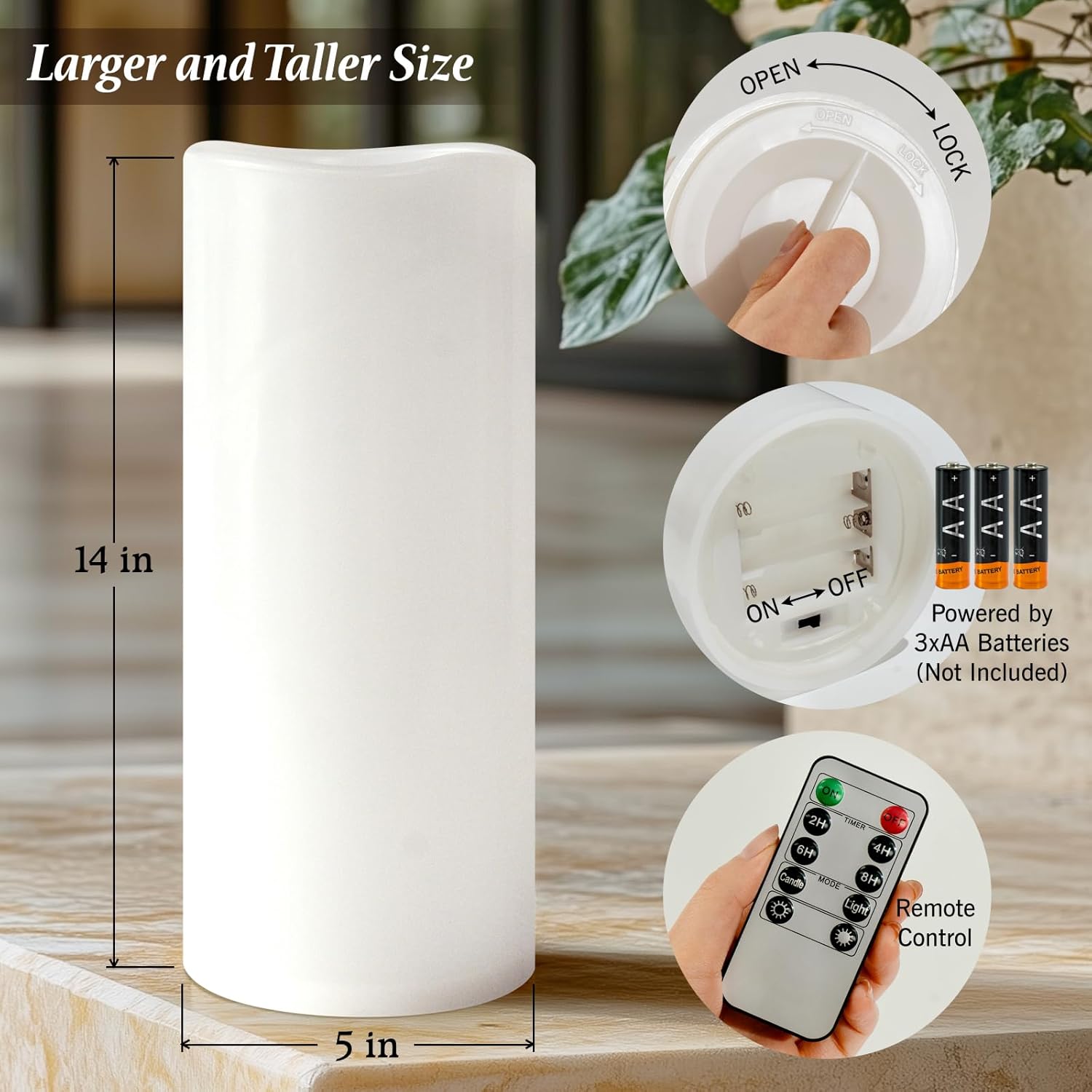 5" x 14" White Large Waterproof Outdoor Flameless Candles Battery Operated LED Flickering Pillar Candles with Remote and Timer for Indoor Outdoor Lanterns, Long Lasting, Set of 2
