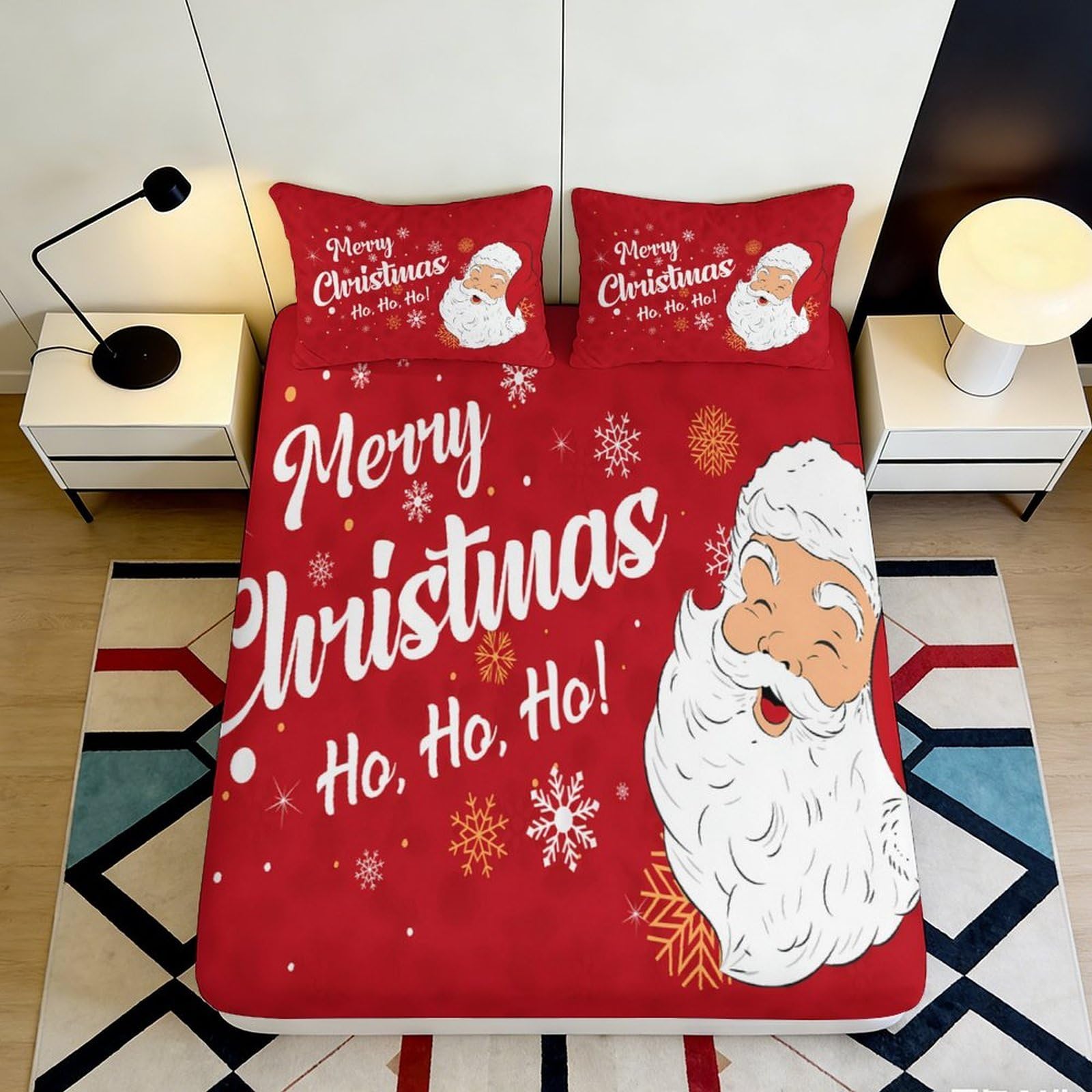 3D Printed Santa Claus Christmas Fitted Sheet Microfiber Red Bed Cover for Adult Teen Bedroom Dorm Mattress Protection 200x200x25cm