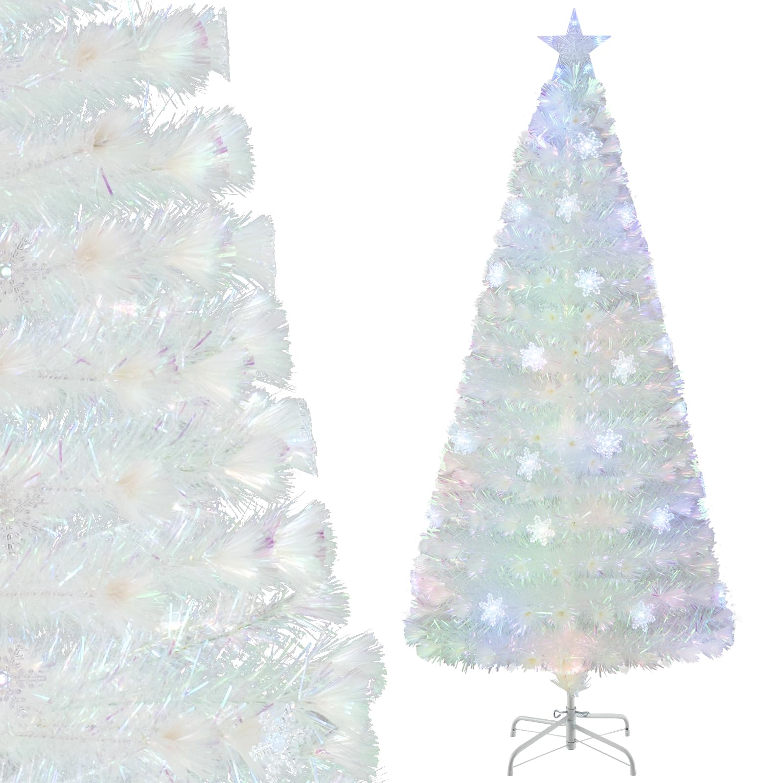 COSTWAY 180cm Árbol de Navidad Blanco, Hojas Iridiscentes, Árbol de Navidad de Fibra Óptica Preiluminado, 30 Luces LED de Copos de Nieve, Estrella, Arvore de Natal Oficina y Hogar(180cm)