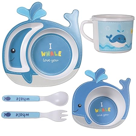 POLKA TOTS Eco Friendly Bamboo Fiber Dinner Set, 5 Pcs Tableware Crockery Set for Weaning Toddler & Self Feeding Baby Utensil Set for Baby Kids (Cute Whale)