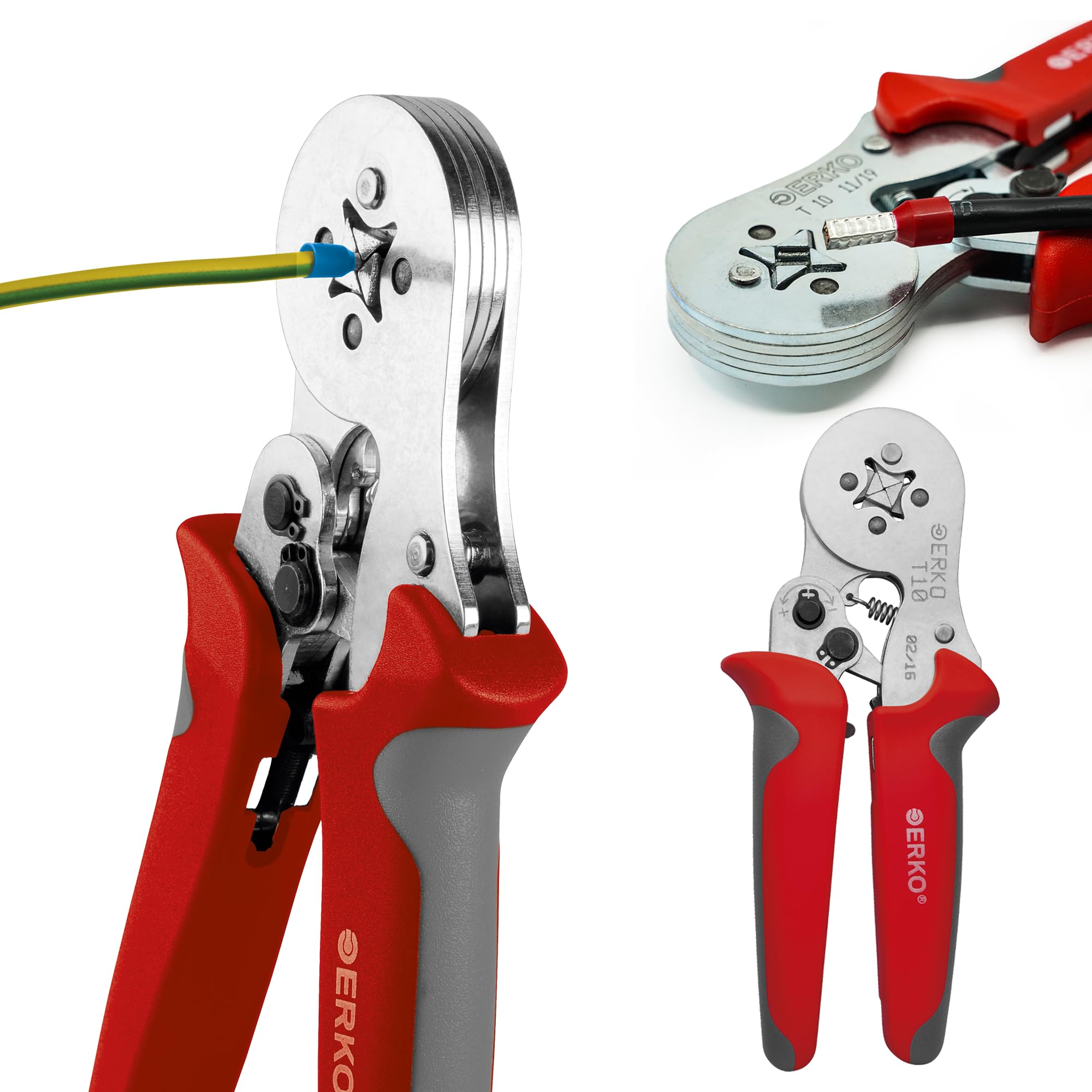 ERKO Pinza crimpatrice T10 per capicorda isolati e non isolati (terminali 0,25-10 mm²), in acciaio inox, peso: 0,42 kg
