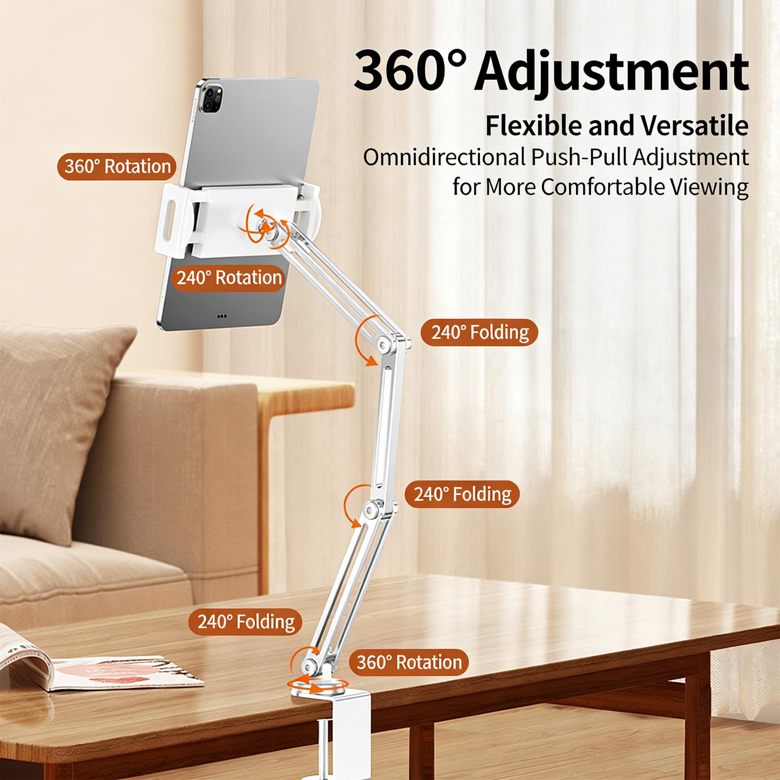 Supporto regolabile a 4 assi con morsetto pieghevole e girevole a 360 gradi per tablet e smartphone, struttura in alluminio, supporto regolabile per telefono